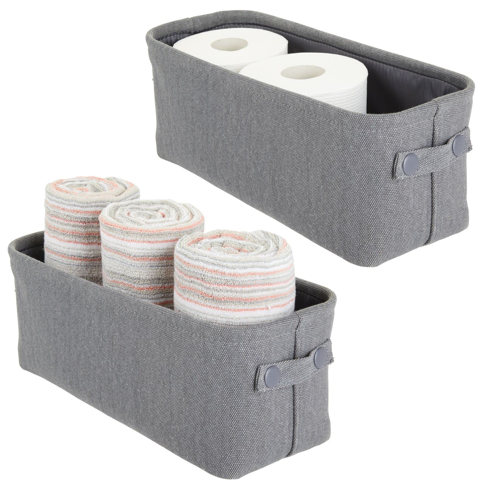 mDesign Narrow Fabric Storage Bin Basket with Handles - 2 Pack Charcoal Gray | Slim Organizer for Bathroom, Closet, Vanity & Cabinet | Perfect for Towels, Toilet Tissue & Small Essentials | Space-Saving Home & Office Storage Solution
