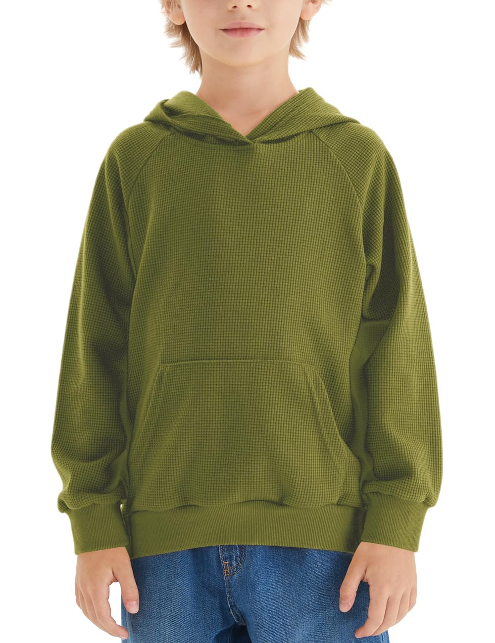 **Boys' Plaid Long Sleeve Pullover Hoodie - Soft Waffle Knit Casual Hooded Sweatshirt with Pockets for School & Outdoor Play**
