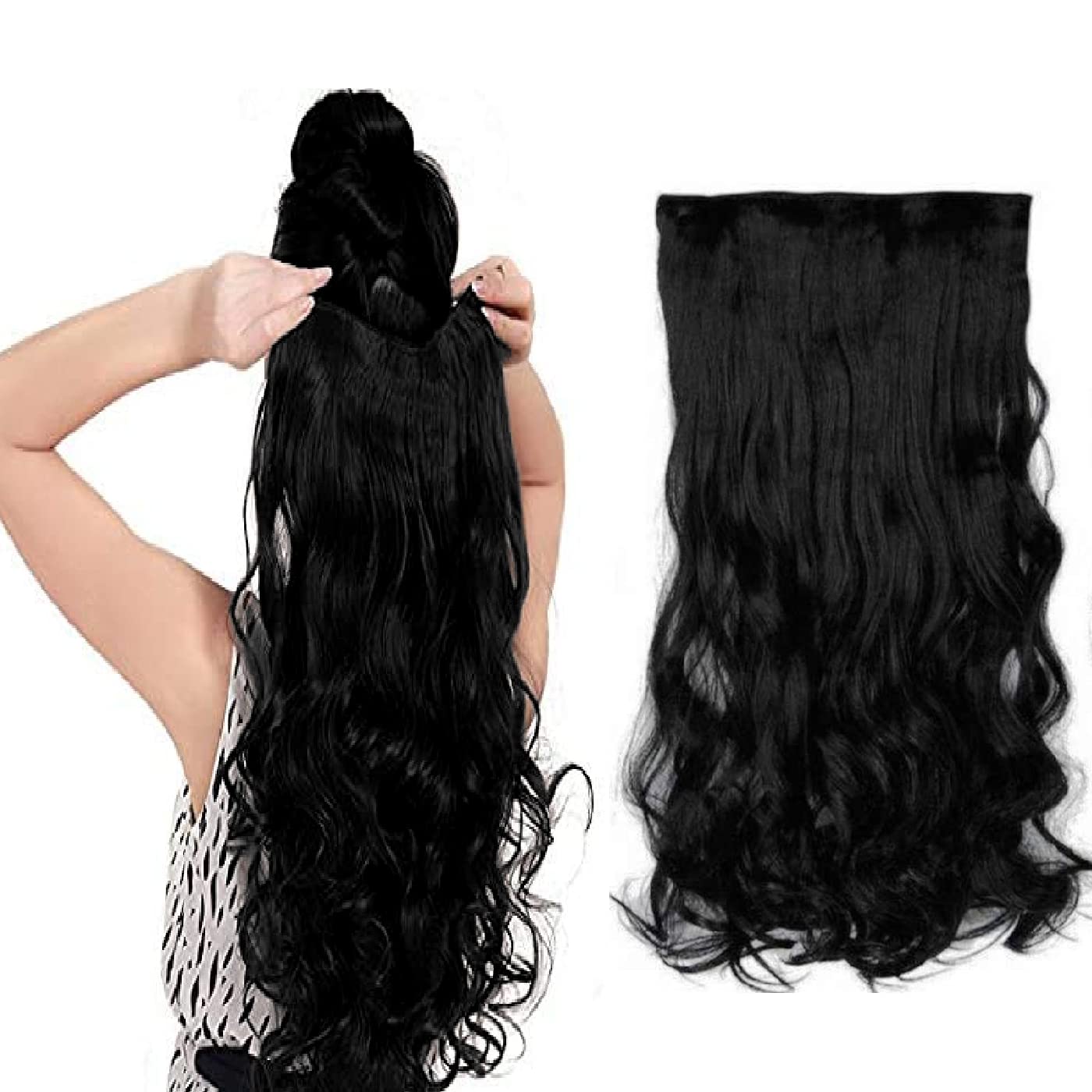 INAAYA Clip-in Hair Extensions for Women - 5-Pack Curly Synthetic Hair (Black) for Instant Styling