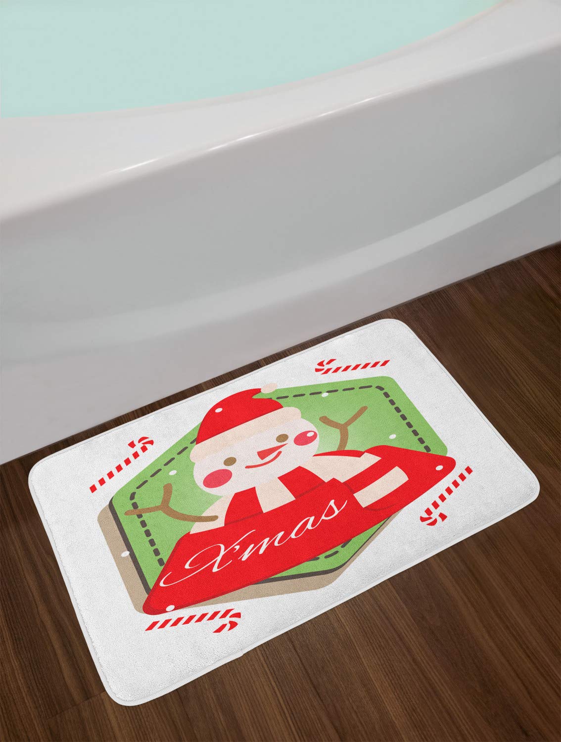 Ambesonne Christmas Bath Mat - Funny Santa Snowman Design with Xmas Lettering & Candy Canes - Non-Slip Plush Bathroom Rug 30x20 Inches Pistachio Green Vermilion - Perfect Holiday Decor for Bathroom, Kitchen or Festive Home Entryway