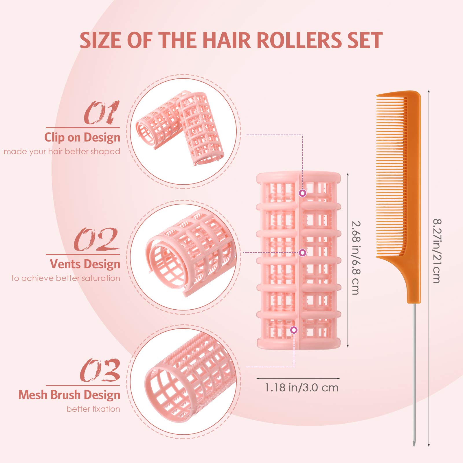 Syhood 12-Piece Large Plastic Snap Hair Rollers Set with Rat Tail Comb - 6.8x3cm Peach Hair Curlers for Salon Styling & Home Use - Perfect for Creating Voluminous Curls & Waves