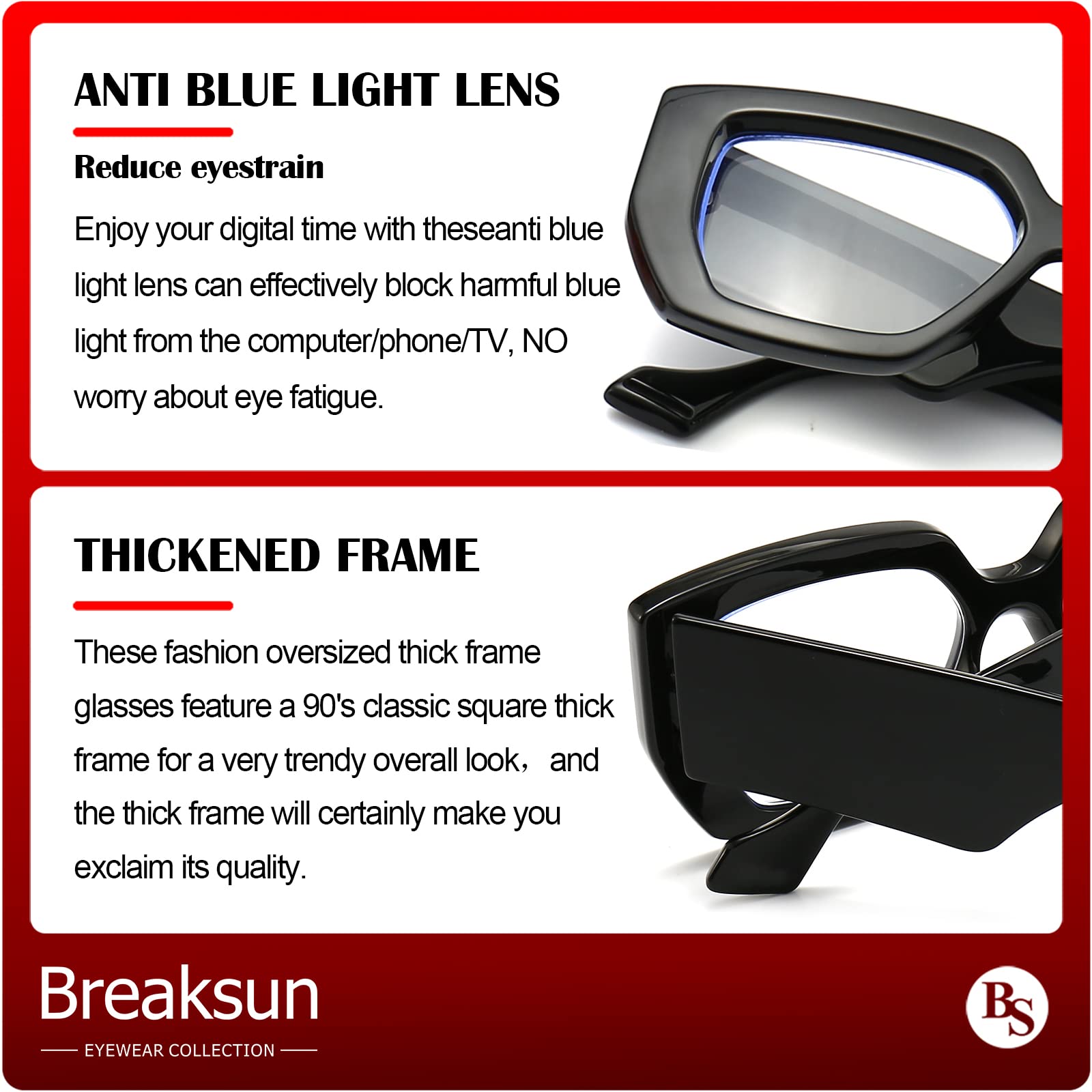 Blue Light Blocking Glasses for Women & Men - Thick Frame Oversized Square Computer Gaming Eyeglasses - Reduce Eye Strain for Work, Gaming & Screen Time
