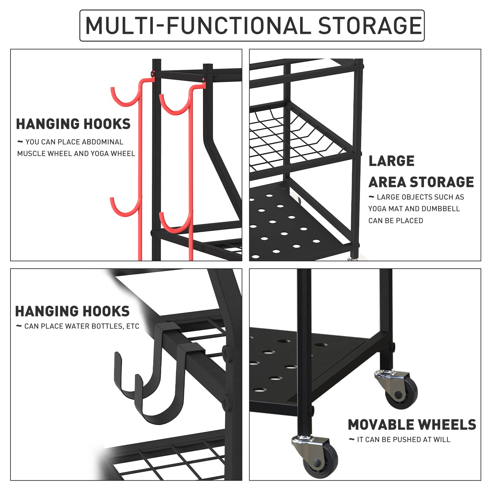 VILAWLENCE Yoga Mat Storage Rack Cart - Multifunctional Home Gym Organizer for Dumbbells, Kettlebells & Exercise Ropes - Large Capacity Removable Equipment Storage Solution for Home Workouts & Yoga Studios