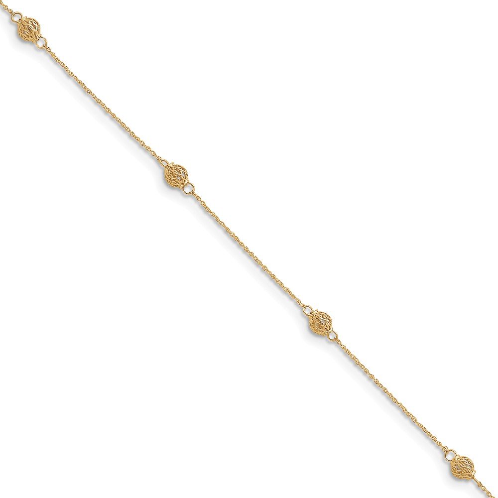 14K Gold Beaded Anklet with 1 Inch Extension Chain - Adjustable Ankle Bracelet for Women, Perfect for Beach, Wedding & Everyday Wear