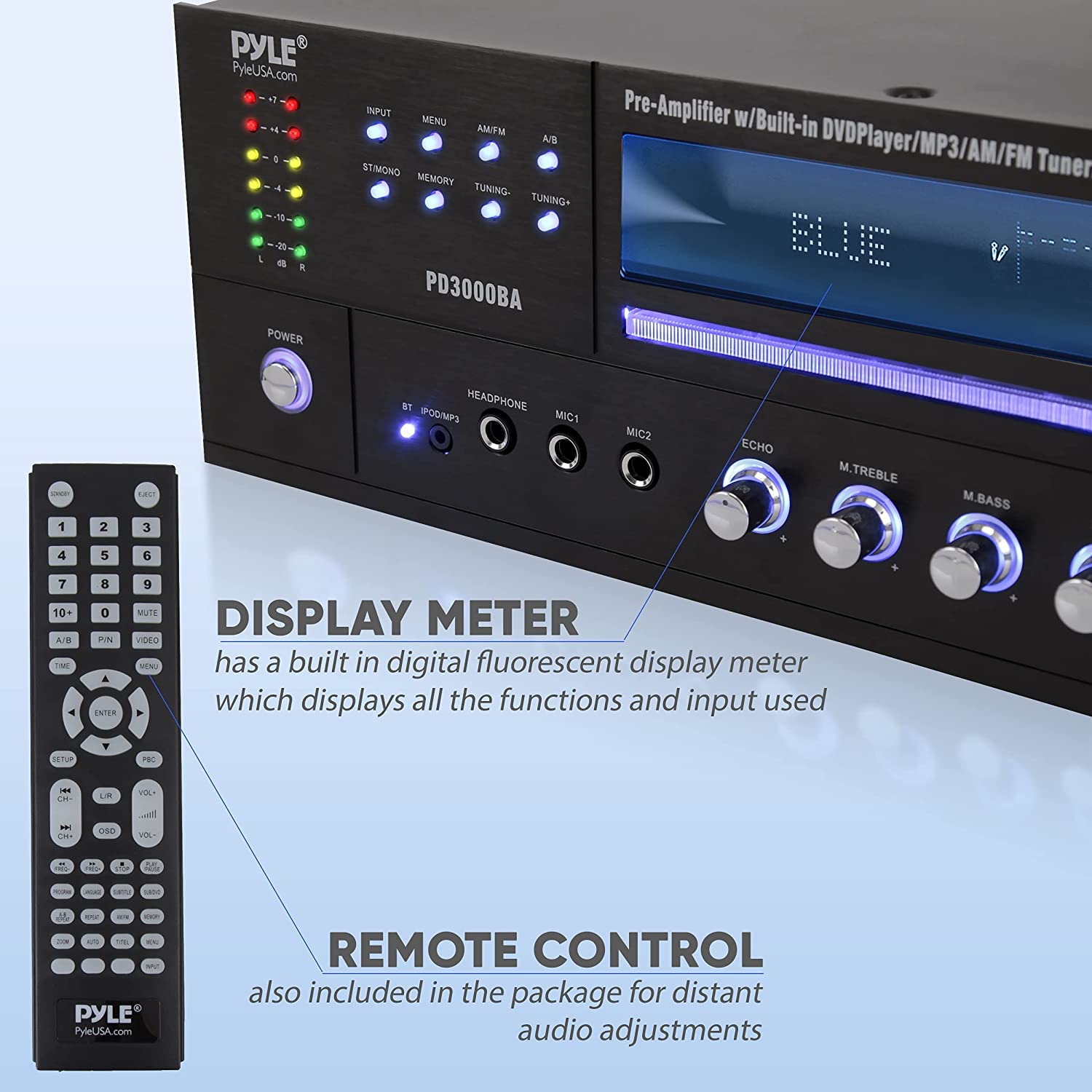Pyle 4 Channel Wireless Bluetooth Amplifier - 3000W Peak Power Stereo Home Audio Receiver with FM Radio, USB, 2 Mic Inputs with Echo, HDMI & 24-Bit Decoder, Front-Loading CD/DVD Player, LED Display, Rack Mountable - Perfect for Home Theater, Karaoke Parties, and Professional DJ Setups