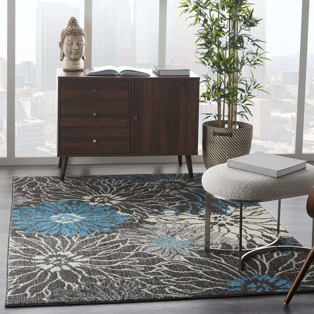 HomeRoots 5' x 7' Charcoal and Blue Big Flower Area Rug - 100% Polypropylene Indoor/Outdoor Rug for Living Room, Bedroom, or Patio