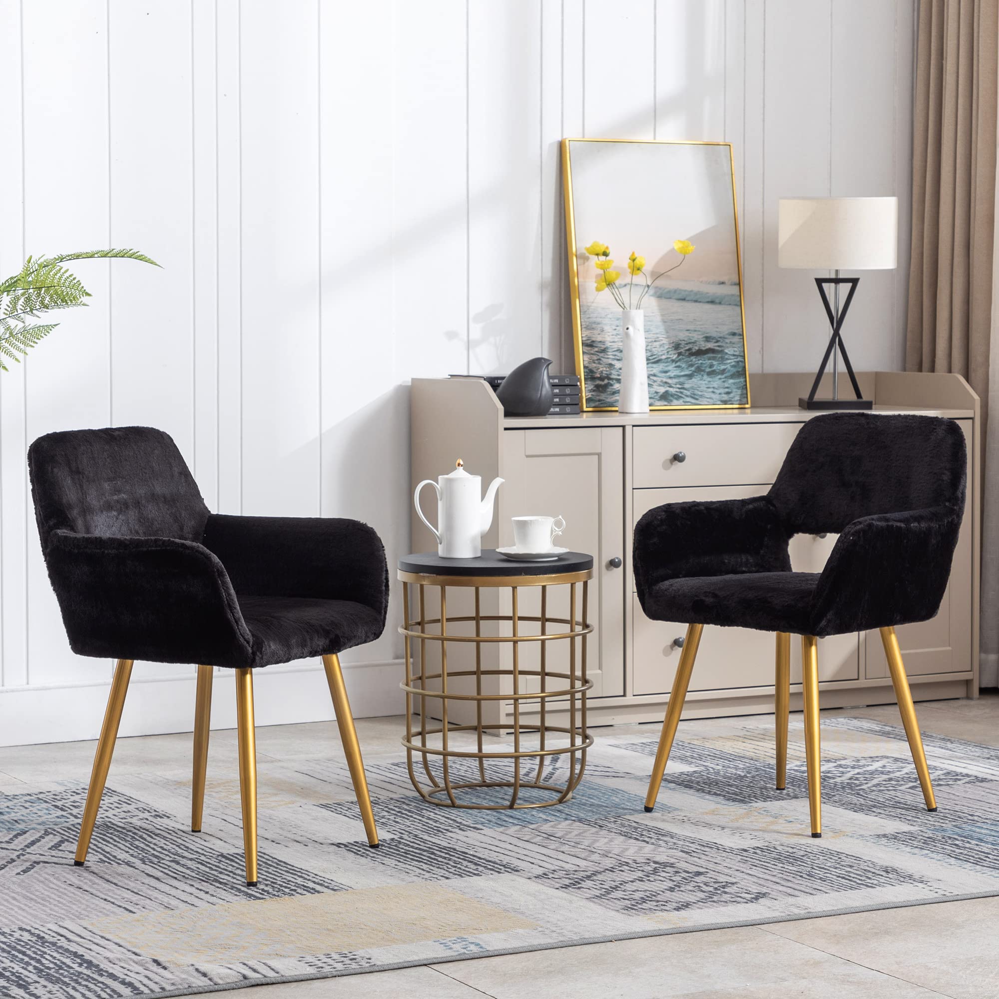 KCC Furry Desk Chair - Mid-Century Modern Faux Fur Accent Chair for Teen Girls & Women, Comfortable Armchair with Wood-Look Metal Legs for Living Room, Dining Room, Home Office, Vanity Makeup Desk - No Wheels, Black - Perfect for Cozy Reading Nooks & Stylish Workspaces