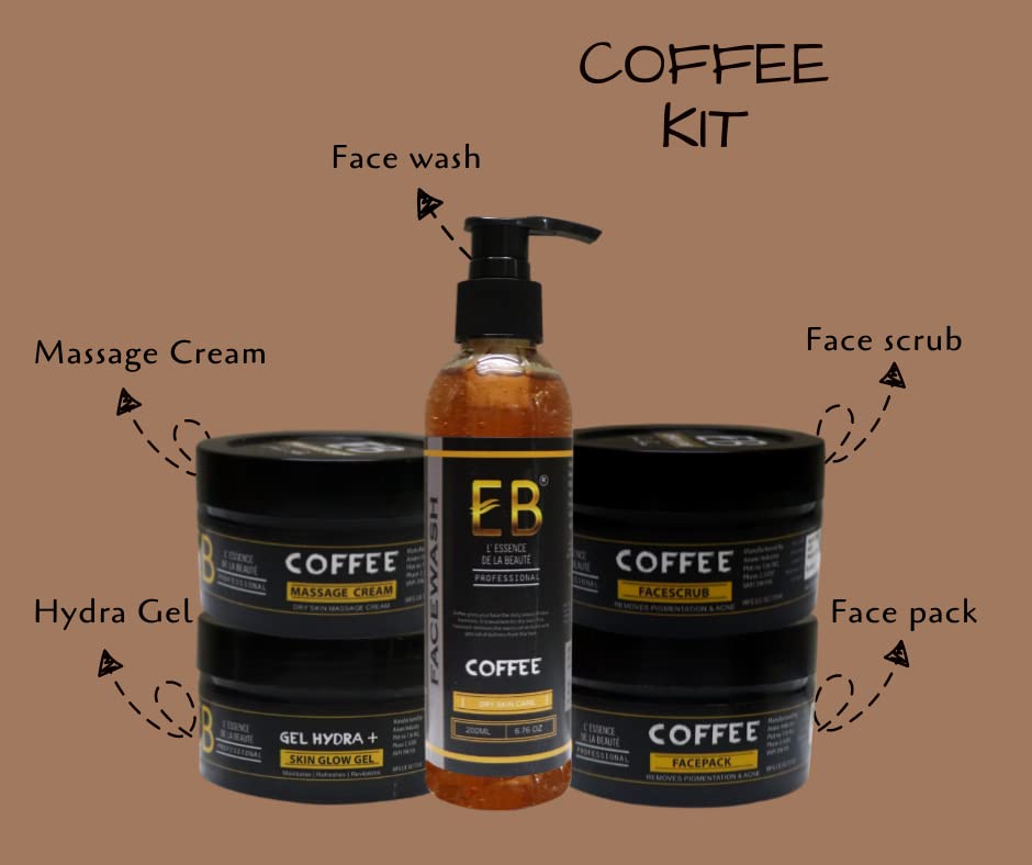 EB Coffee Facial Kit - 5 Step Skincare Set with Coffee Face Wash, Massage Cream, Face Pack, Scrub & Hydra Gel (200g Each) for Glowing Skin - Perfect for Spa Day, At-Home Facial & Self-Care Routine