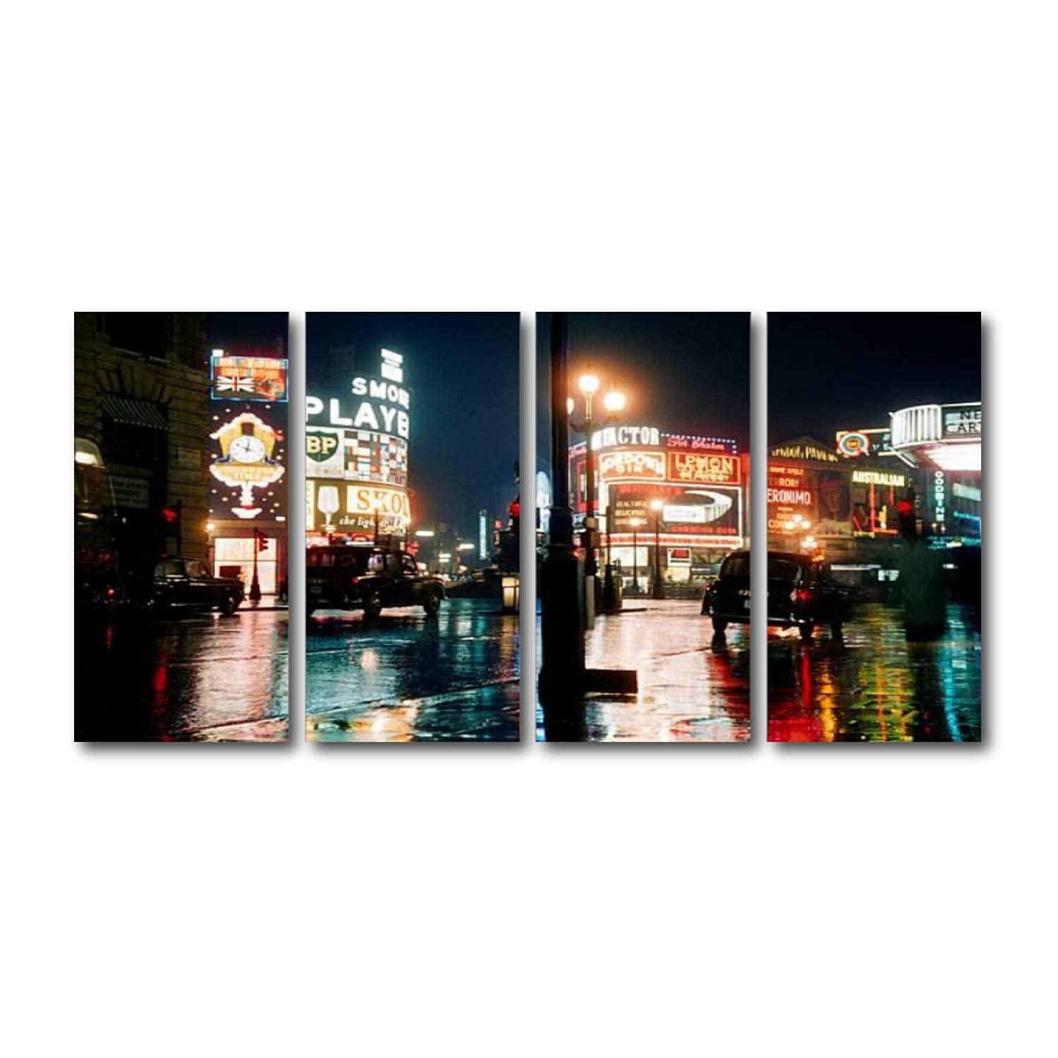 London Piccadilly Circus II Framed Canvas Wall Art - 4 Panel Stretched & Ready to Hang Paintings for Living Room, Bedroom & Office Decor | Modern Home Décor & Gift Idea