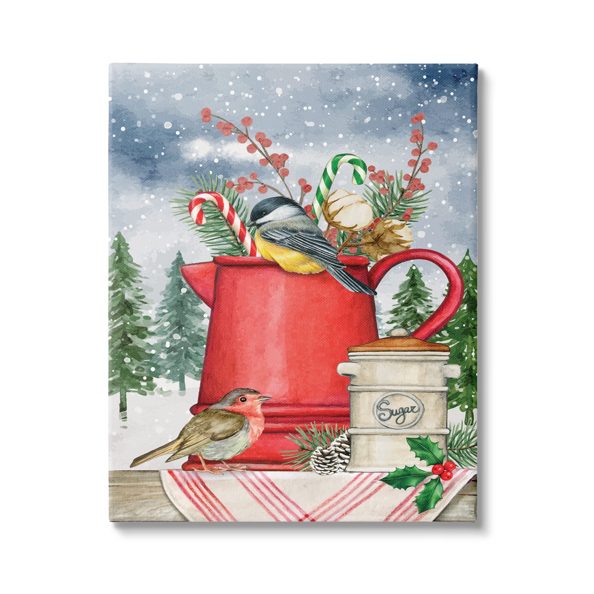 Stupell Industries Winter Birds Perched Tea Kettle with Holly & Fir Botanicals - ND Art Design | Cozy Kitchen Decor for Holiday Tea Time