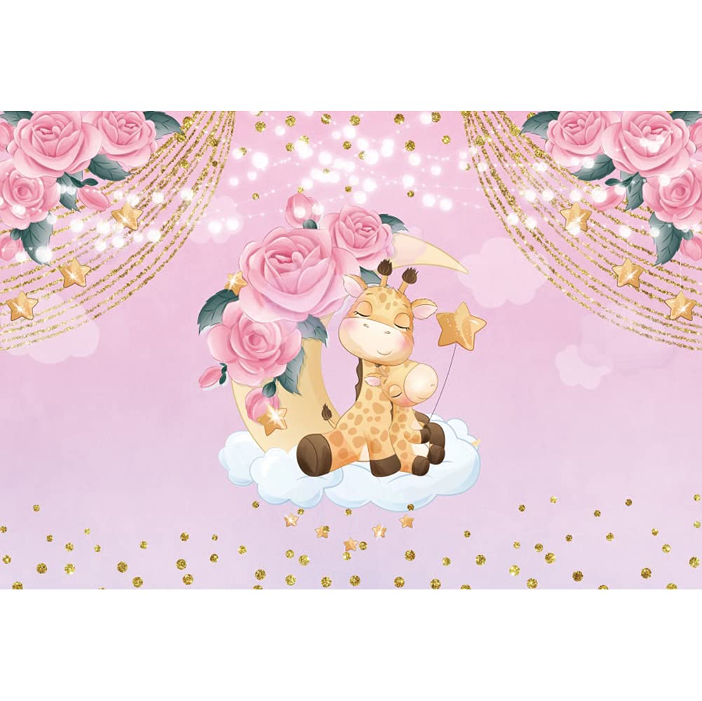 Leowefowa 2.2x1.5m Pink Floral Giraffe Moon Stars Baby Shower Backdrop - 1st Birthday Photography Background for Newborn Cake Smash, Kids Photo Shoot & Party Decor | Perfect for Baby Showers, Birthday Parties & Studio Props