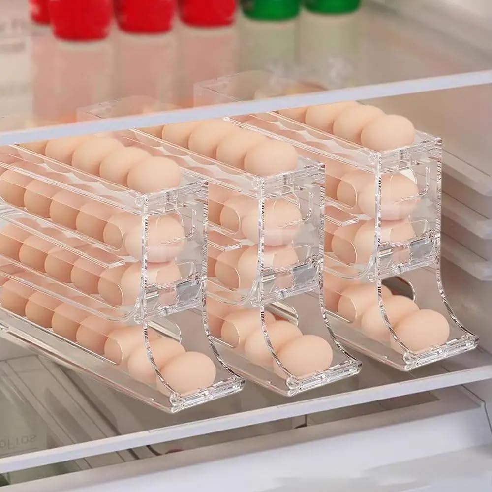 4-Tier Egg Holder for Refrigerator - Space Saving Auto Rolling Egg Dispenser & Organizer Rack - Perfect for Kitchen, Pantry, and Fridge Organization (12-18 Eggs Capacity)