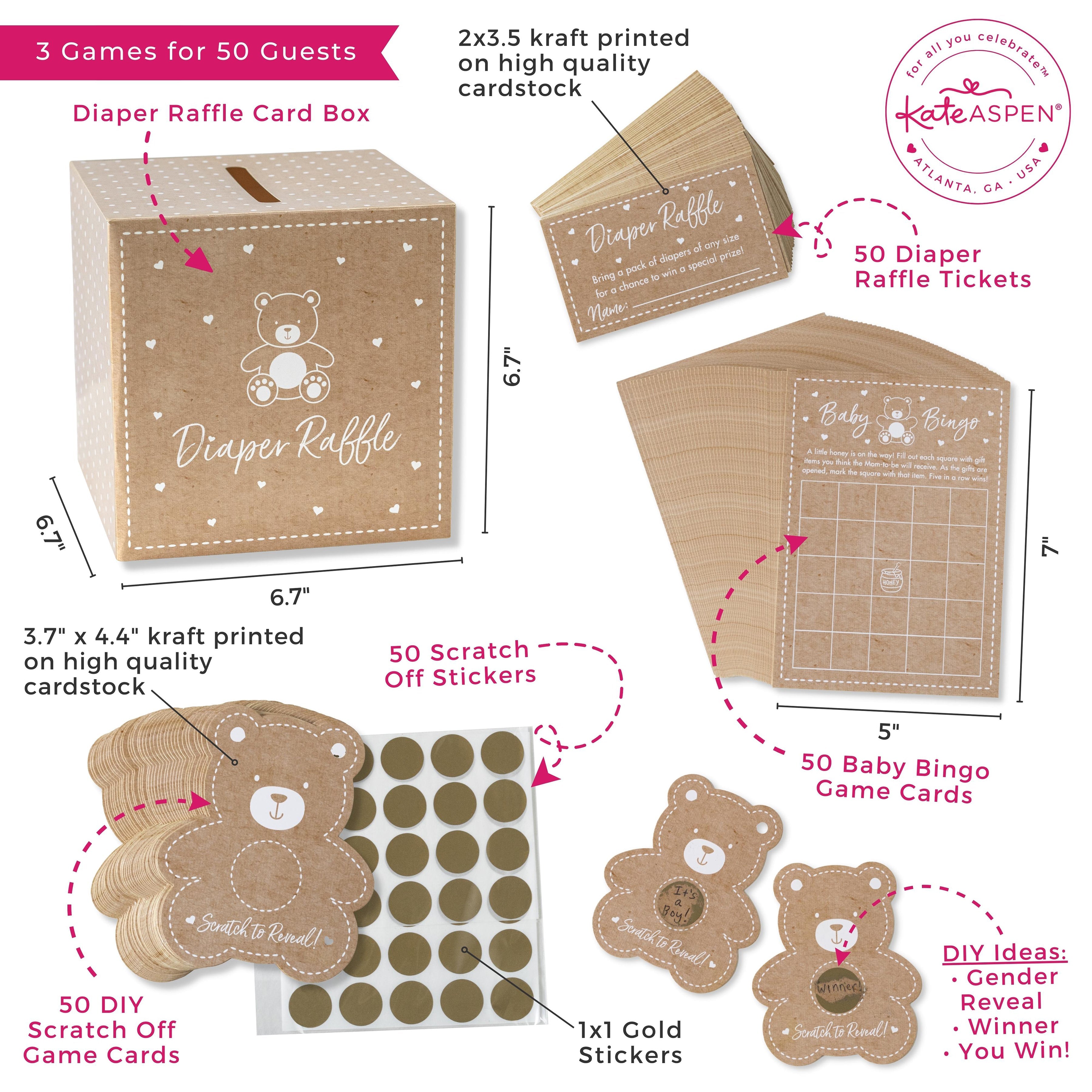 Premium Kraft Bear Diaper Raffle & Scratch Off Game Set - Fun Baby Shower Party Game for Gender Reveal & Newborn Celebrations