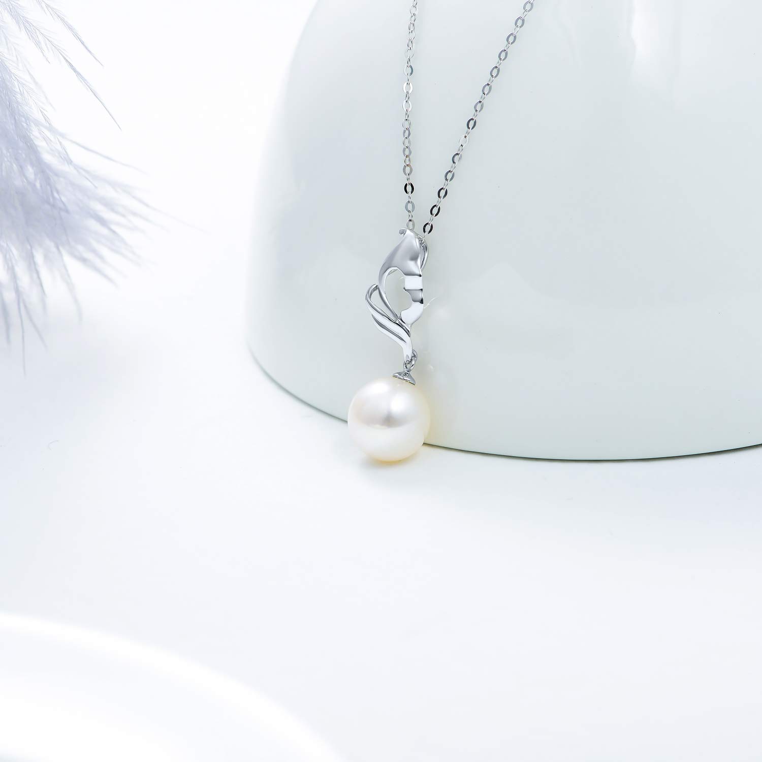 14K Solid Gold Pearl Necklace for Women - Elegant White Gold Heart Wave Pendant, Valentine's Day Jewelry Gift for Her, Mom, Wife - Perfect for Birthday, Anniversary & Special Occasions (16