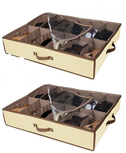 2-Pack Under Bed Shoe Storage Organizer with Sturdy 4-Sided Design - Natural Canvas Closet Drawer Box with Clear See-Through Top & Brown Trim (23.5
