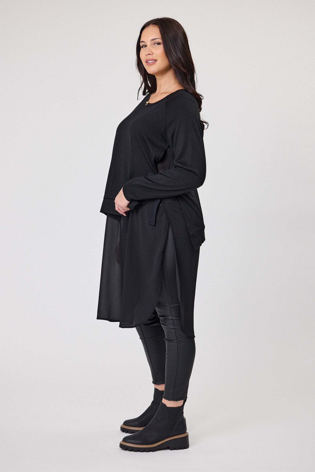 Alpine by Shine On Paris Merino Wool & Chiffon Blend Tunic Top - Black | Elegant Women's Fashion for Work & Evening Wear