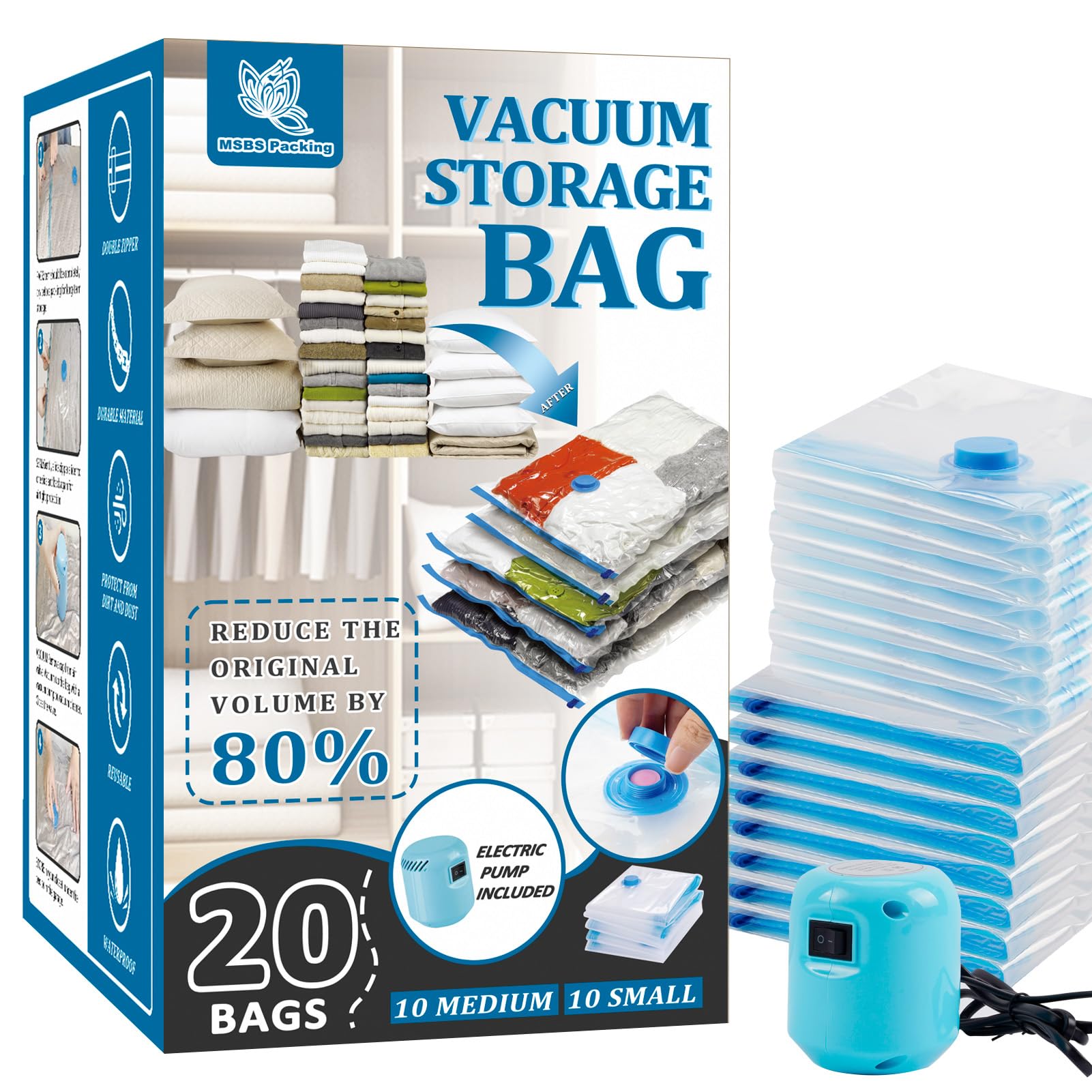 20 Pack Vacuum Storage Bags with Electric Pump - Space Saver Compression Bags (10 Medium & 10 Small) for Comforters, Blankets & Clothes - Travel & Home Organization Essentials - Perfect for Seasonal Storage & Moving