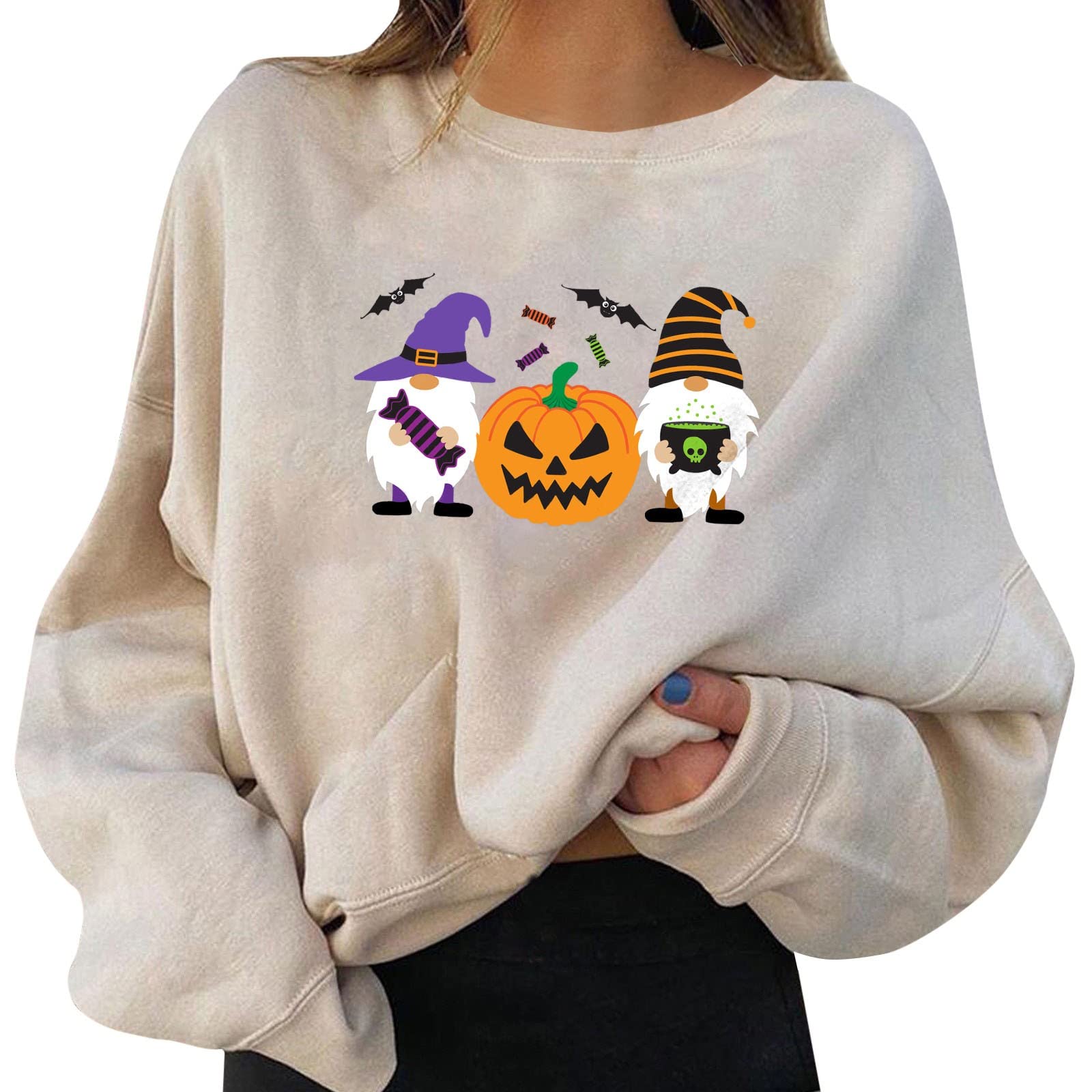 ZLBDYG Women's Halloween Pullover Sweatshirt - Fun Graphic Print Round Neck Long Sleeve Top | Cute Costume Party Outfit for Halloween, Cosplay & Fall Fashion