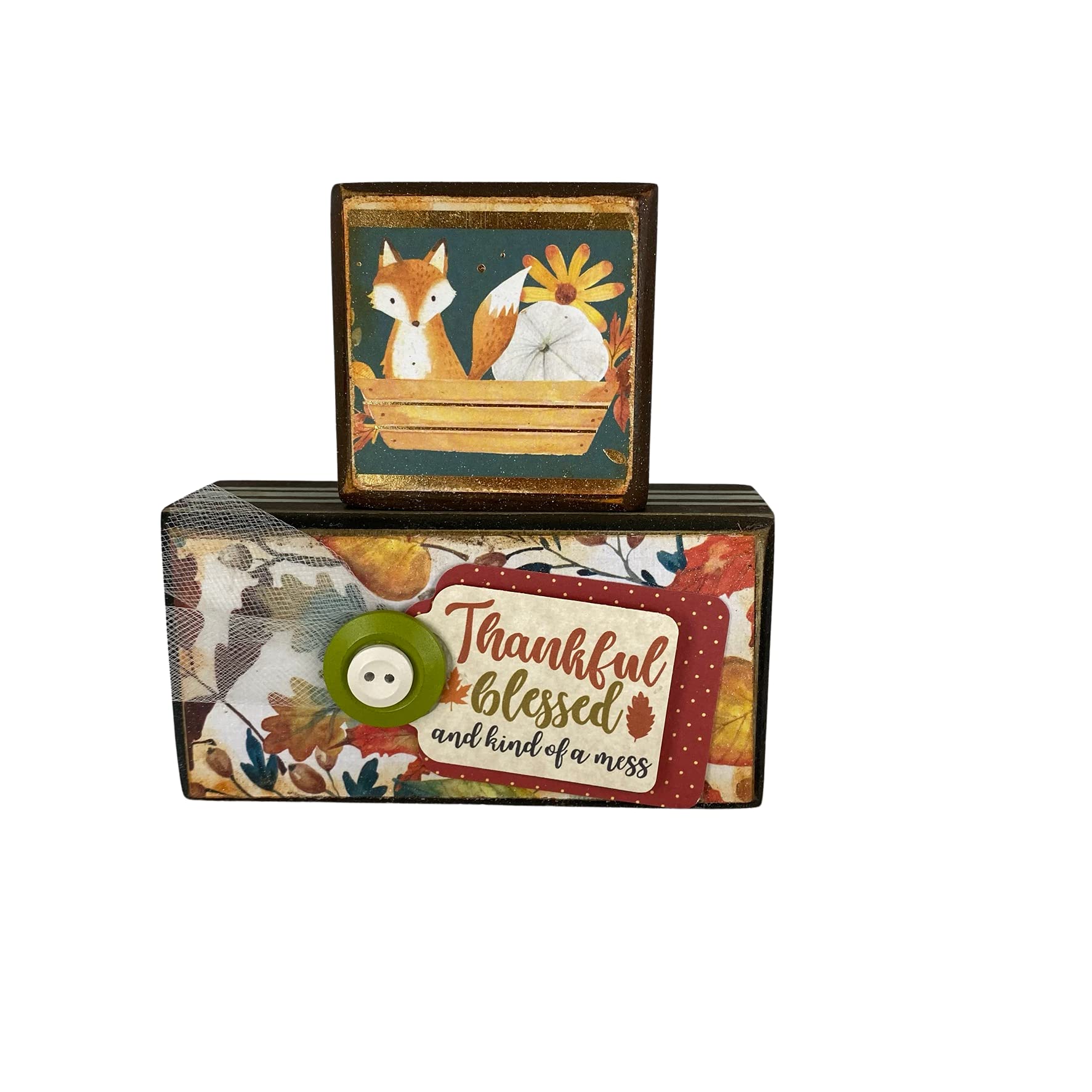 Blessed Pumpkin Spice Reversible Wood Stacking Blocks Set of 2 - Fall Home Decor for Thanksgiving, Autumn Table Centerpiece, Farmhouse Mantel Display