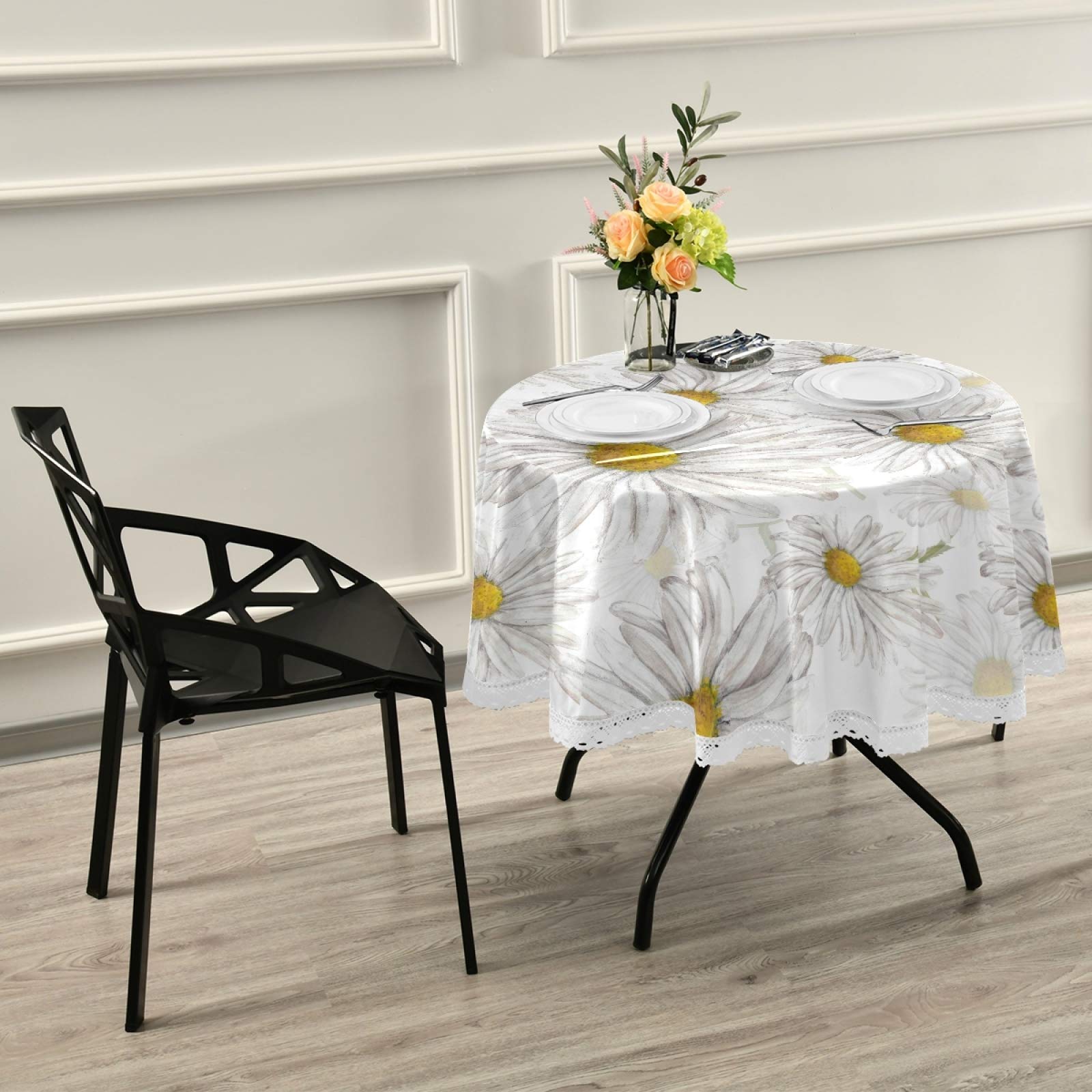 White Lace Round Tablecloth 60 Inch - Chamomile Daisy Floral Polyester Table Cover for Party, Wedding, Dinner Decor & Home Dining Room Decorations