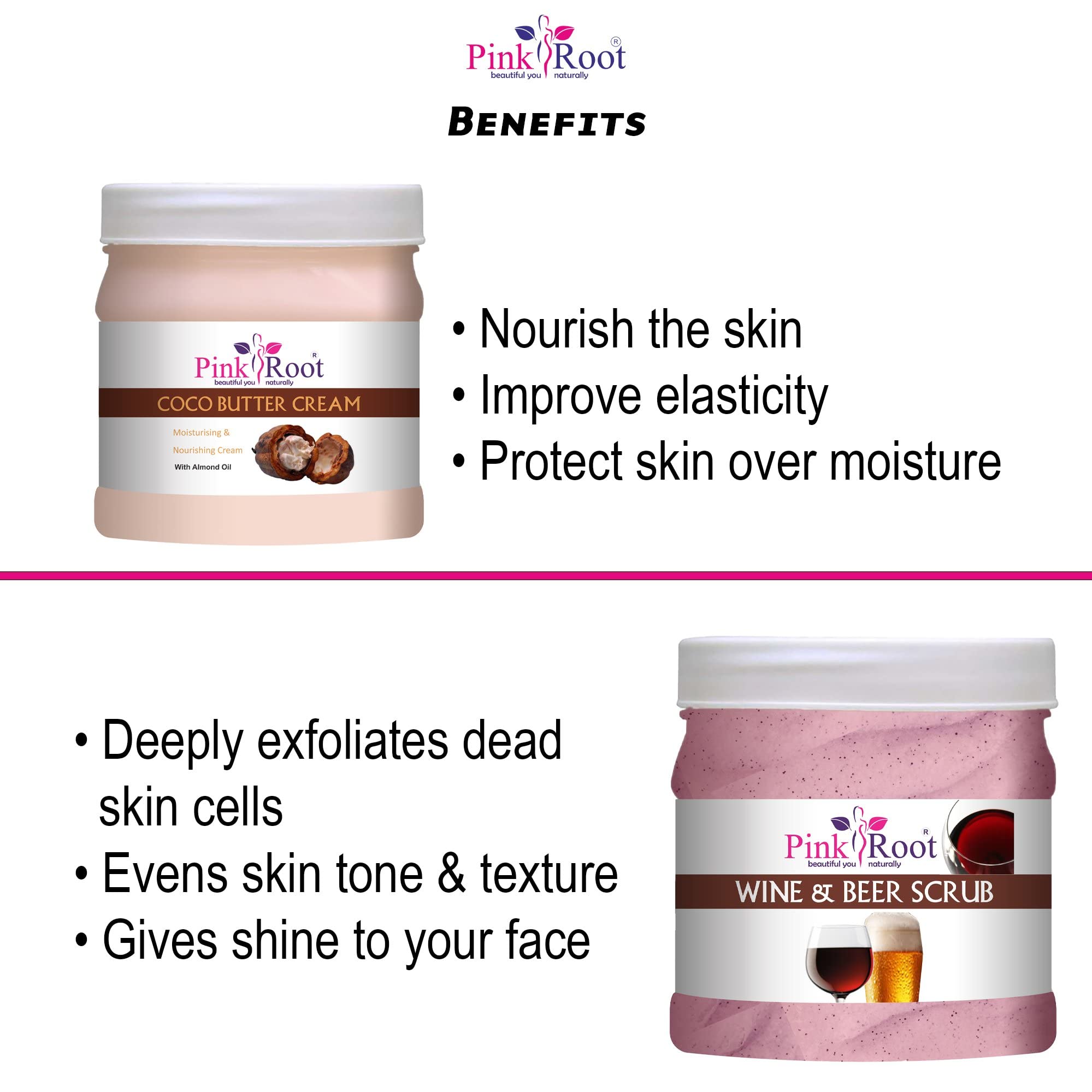 Organic Pink Root Cocoa Butter Cream 500g + Wine & Beer Scrub 500g Set - Natural Skin Moisturizer & Exfoliator for Dry Skin, Body Care Gift Set for Women & Men - Perfect for Spa Day, Self-Care Routine & Holiday Gifting
