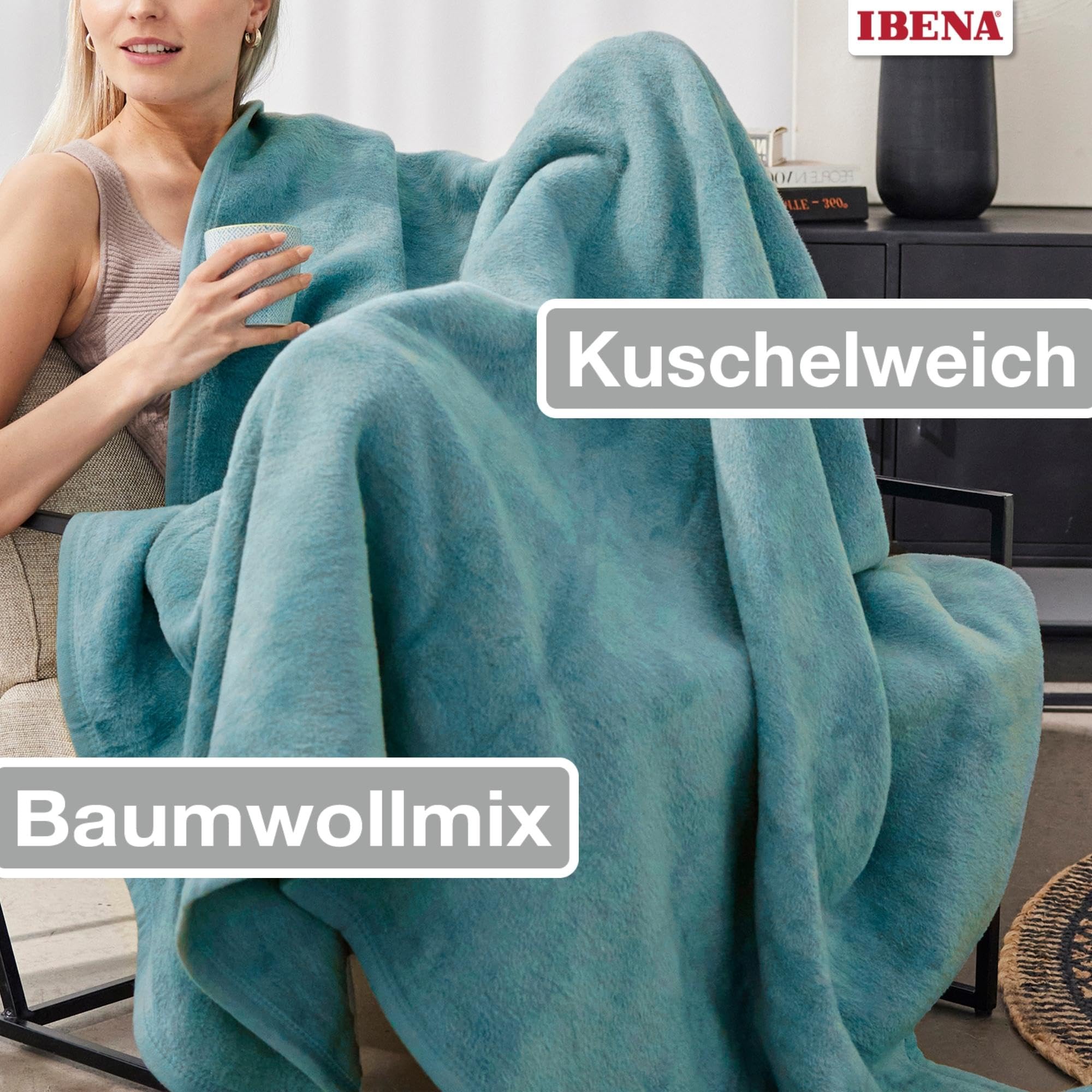 IBENA Porto Cuddly Blanket 150x200cm - Soft Light Turquoise Plaid Cotton Blend Throw Blanket for Living Room, Bed, Sofa | Cozy & Easy Care Home Decor Gift
