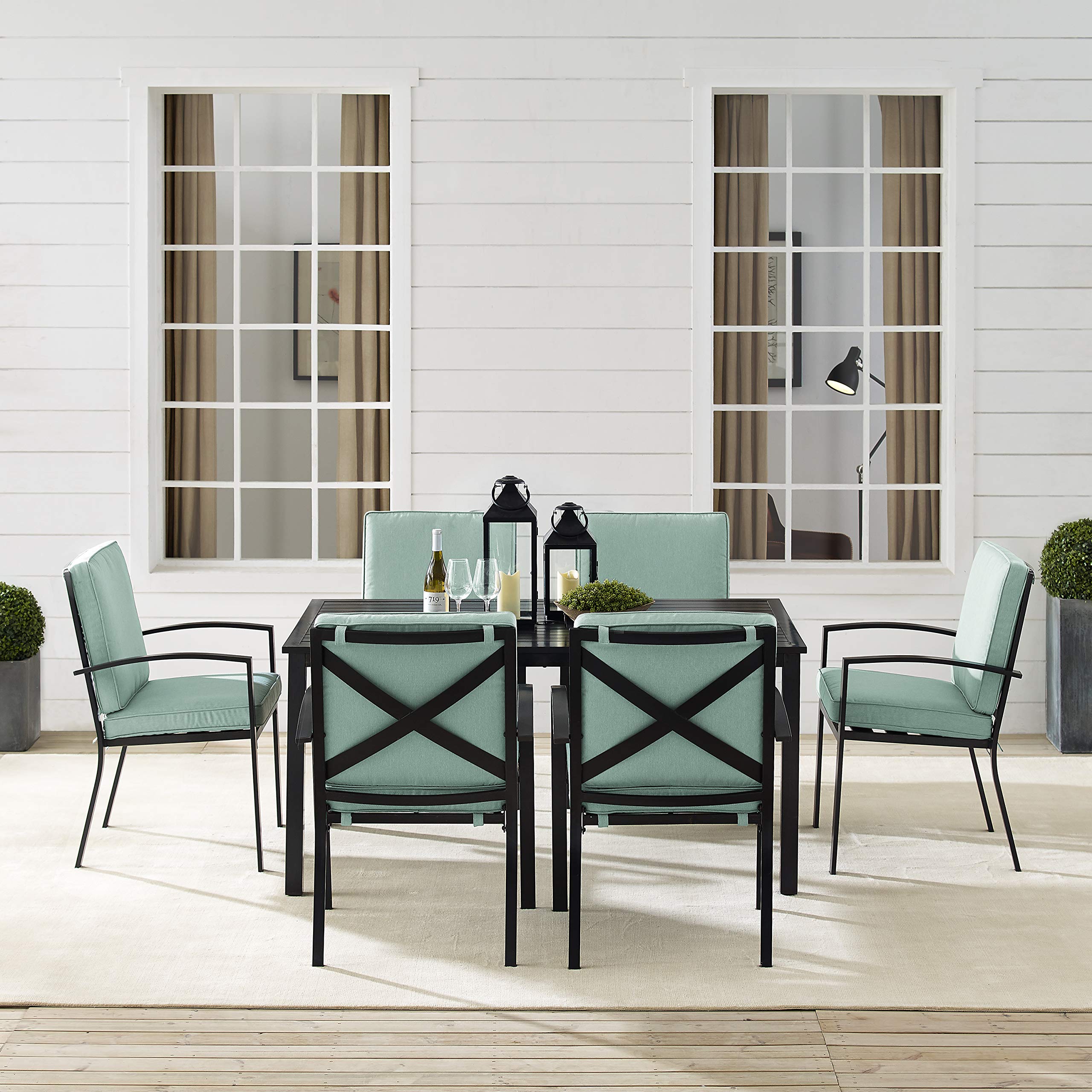 Crosley Kaplan 7-Piece Outdoor Dining Set - Patio Table & 6 Chairs with Oiled Bronze Frame & Mist Cushions - Perfect for Backyard, Deck, Garden & Outdoor Entertaining