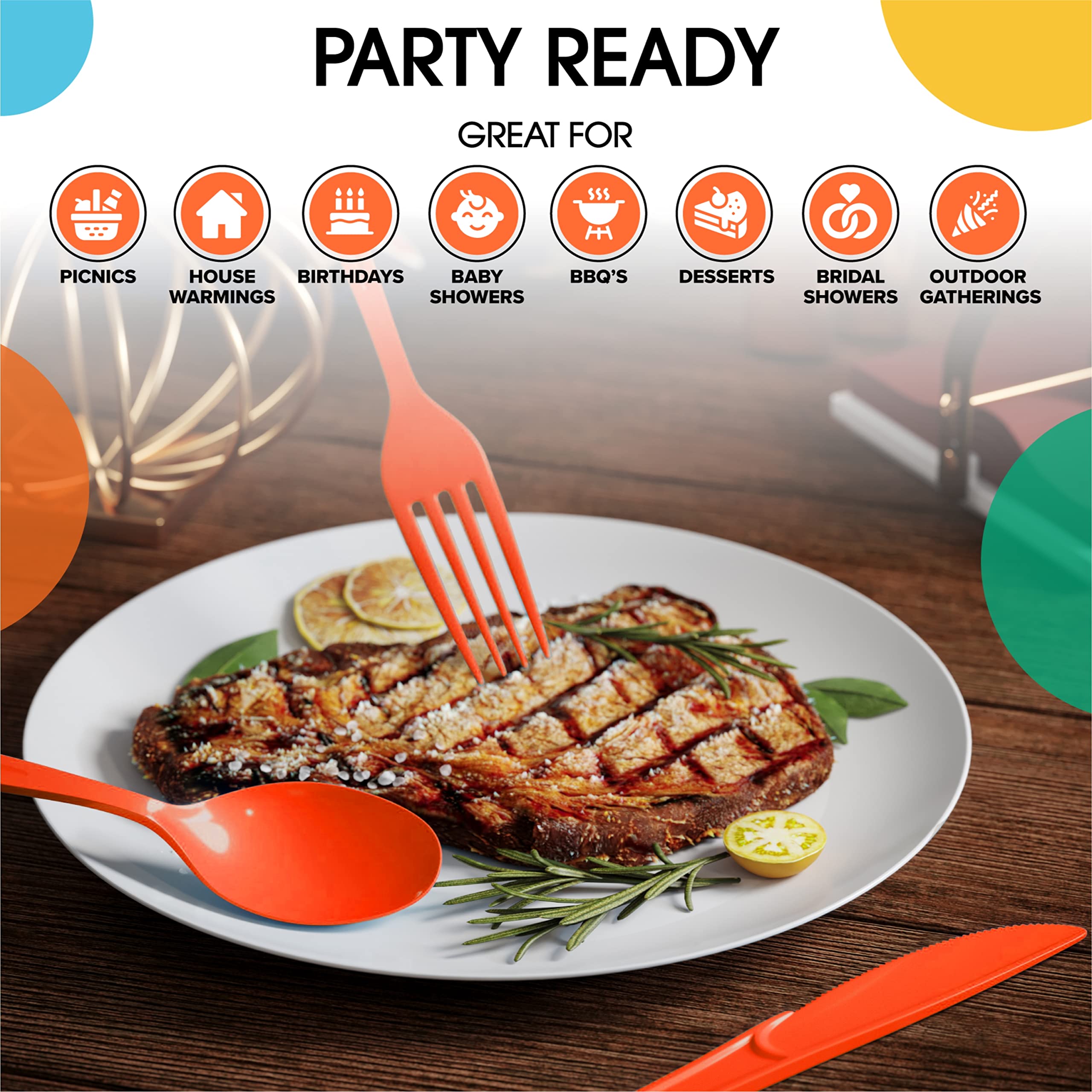 Premium 200-Piece Orange Plastic Knives Set - Heavy Duty Disposable Cutlery, Durable Flatware for Parties, Picnics & Catering - BPA-Free Plastic Silverware for BBQs, Birthdays & Outdoor Events