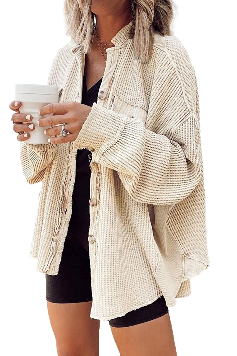 Yanekop Women's Waffle Knit Button Down Shacket - Oversized Long Sleeve Shirt Jacket for Women | Trendy Fall/Winter Outfits 2025 | Perfect for Layering, Casual Wear & Coffee Dates