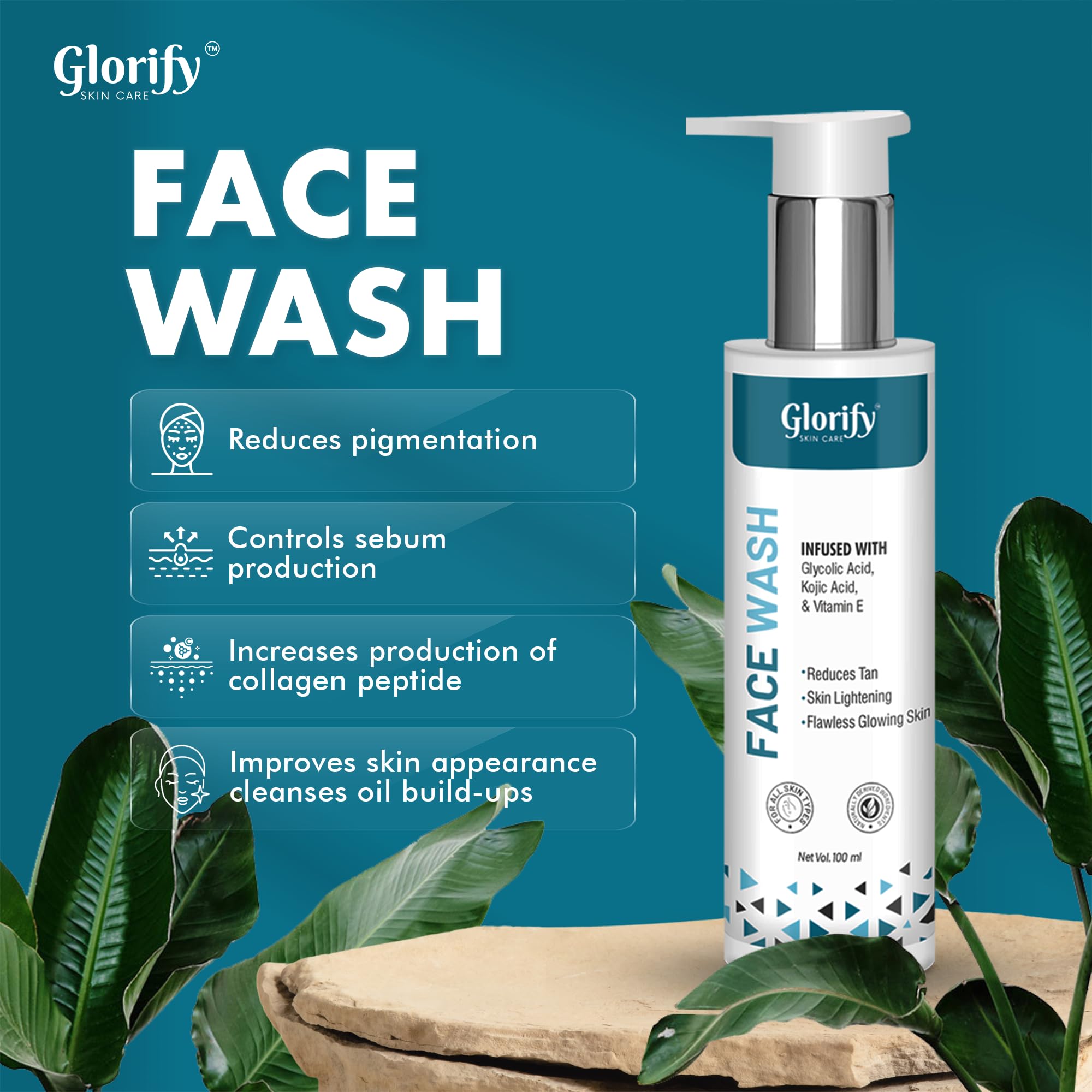 Glorify Vitamin E & Kojic Acid Face Wash - Natural Skin Brightening Cleanser for Dark Spot Removal & Tan Eraser - 100ml for Women & Men - Perfect for Daily Skincare & Post-Sun Care