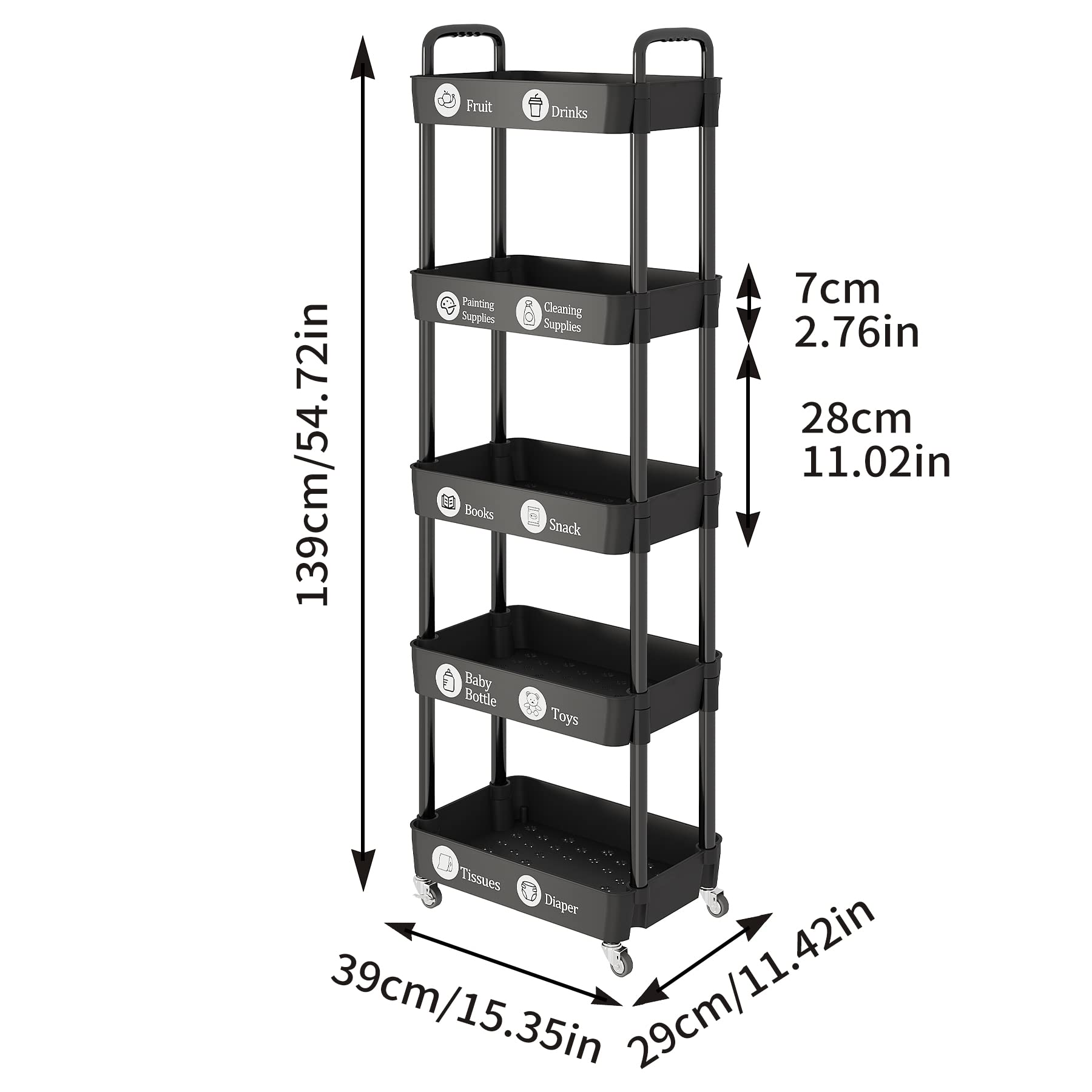 Laiensia 3-Tier Rolling Storage Cart with Lockable Wheels - Multifunctional Mobile Organizer for Kitchen, Bathroom, Laundry Room - Includes Classified Stickers | Perfect for Home Organization, Small Space Storage & Closet Organization