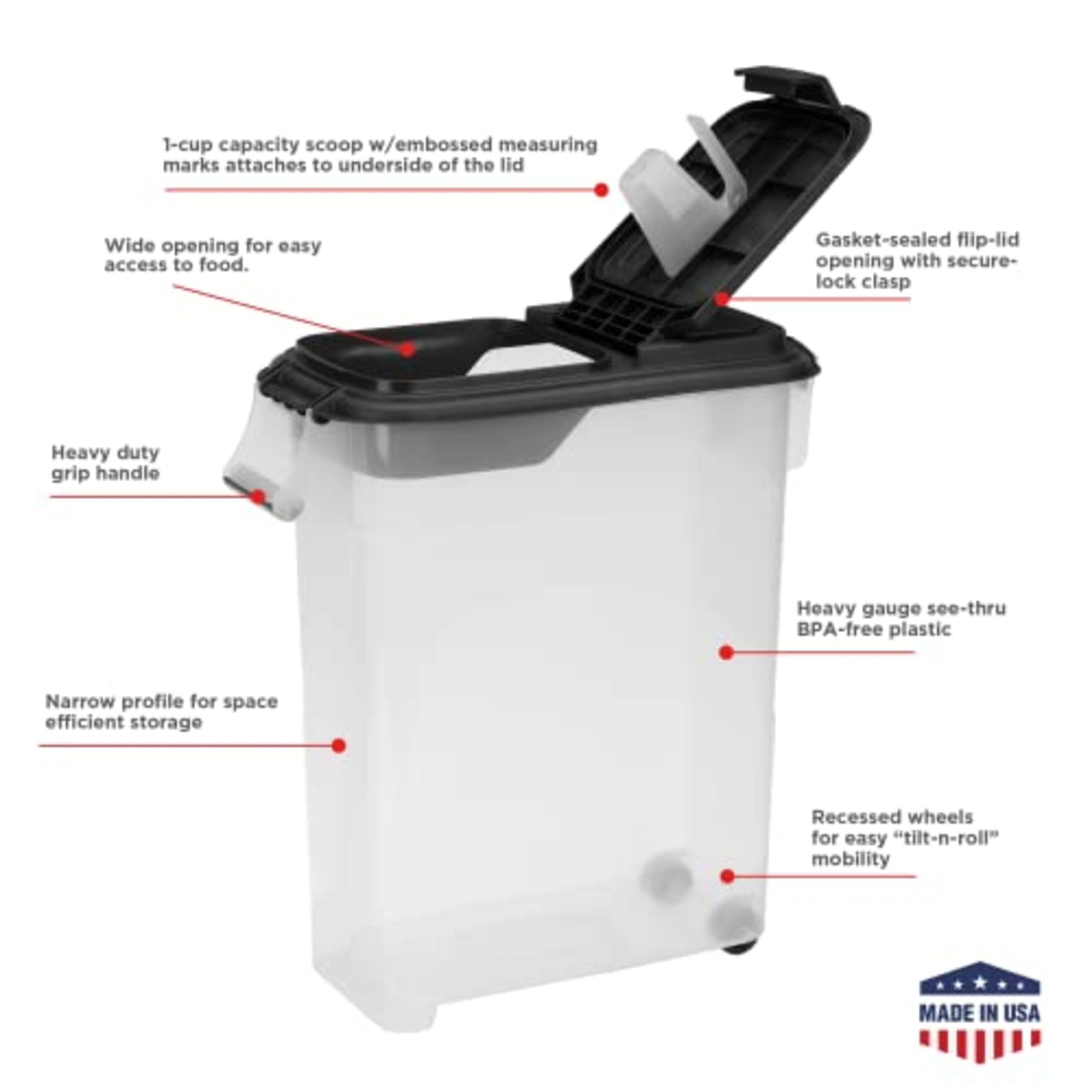 Buddeez 50 QT Airtight Pet Food Storage Container – Large 50 LB Capacity for Dog, Cat & Bird Food – Rolling Bin with Handle & Scoop – Ideal for Kitchen, Garage & Pet Feeding Areas