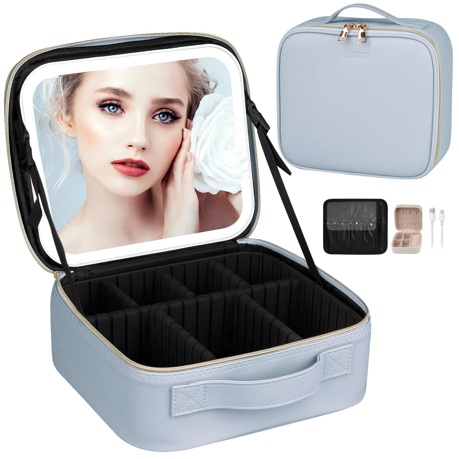 AZ GOGO Travel Makeup Bag with LED Lighted Mirror - 3 Adjustable Brightness Levels, Waterproof Cosmetic Organizer Case (Blue) | Perfect for Travel, Home Vanity & On-the-Go Makeup Touchups