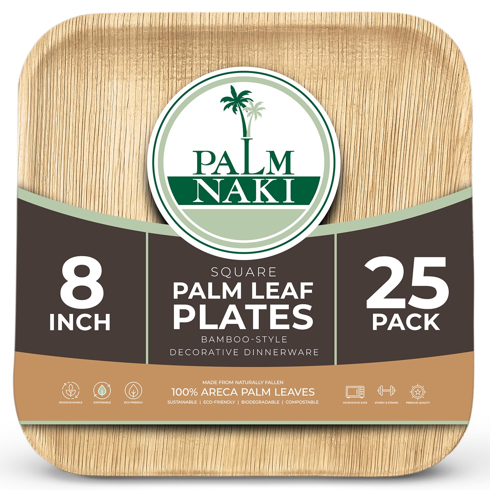 Eco-Friendly Palm Leaf Plates 8-Inch Square - 25 Pack, Sustainable & Compostable Bamboo Style Tableware for Parties, Picnics, Weddings & Eco-Conscious Dining
