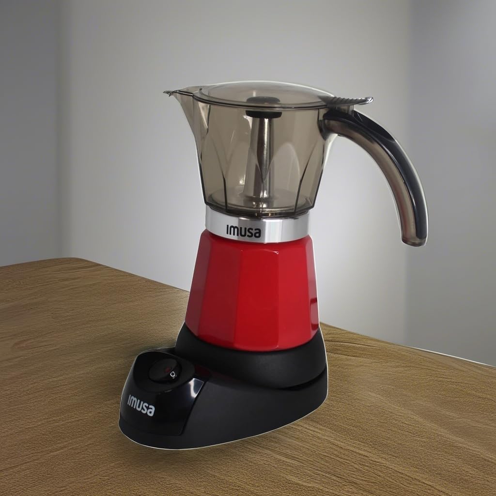IMUSA 6-Cup or 3-Cup Electric Espresso Coffee Maker Machine, Stainless Steel with Red Finish - Perfect for Home, Office, or Small Kitchen Use