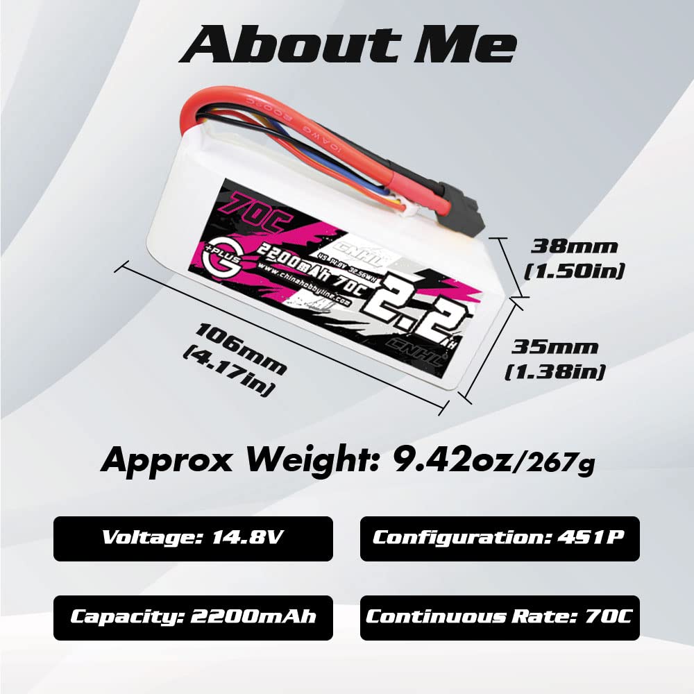 CNHL 4S Lipo Battery 2200mAh 70C 14.8V with XT60 Plug - High Performance RC Battery for Cars, Drones, Airplanes, Trucks & Boats - Long Lasting Power for Racing, FPV Flying & RC Hobbies (2 Pack)
