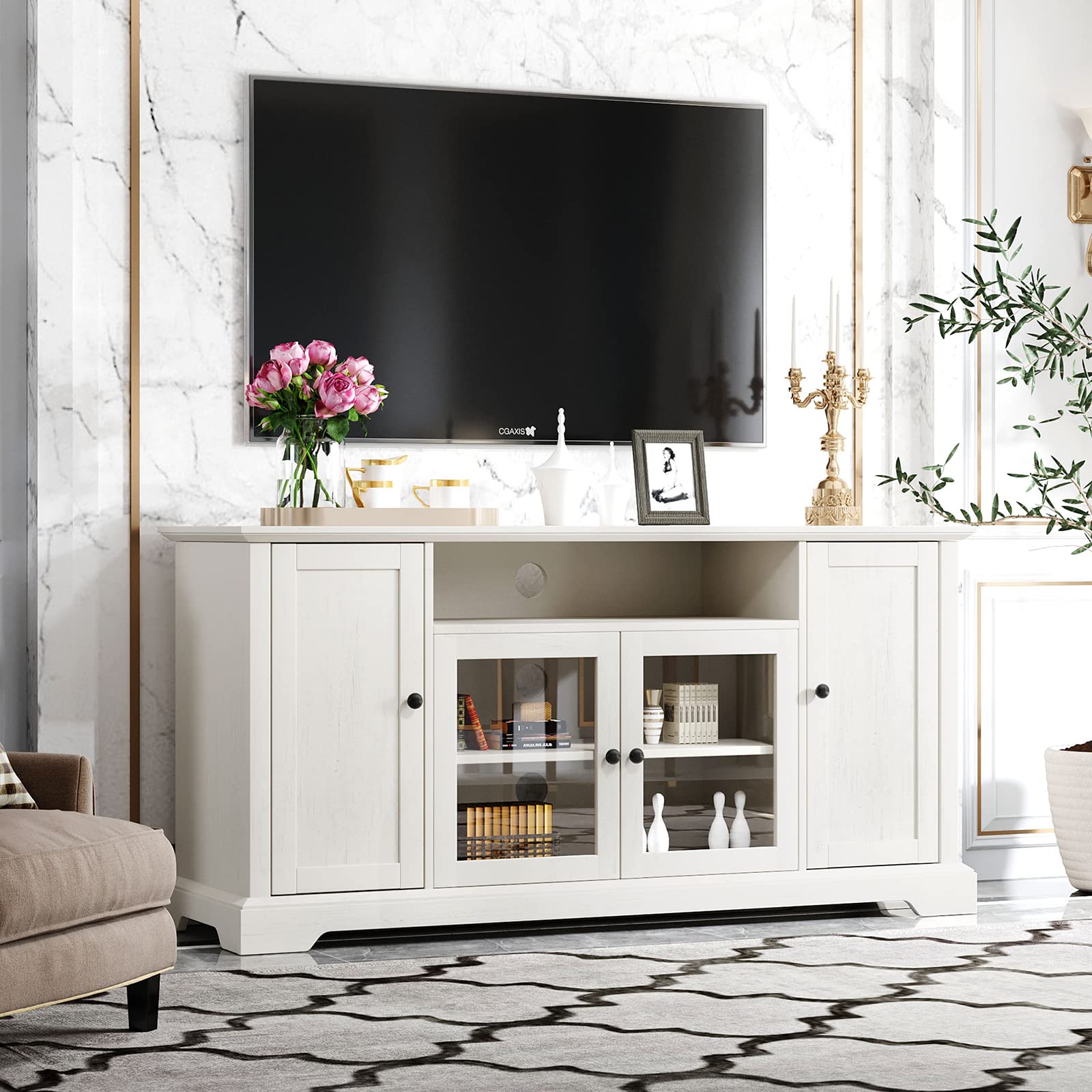 65 Inch TV Stand with 2 Tempered Glass Doors & Adjustable Shelves - Open Style Media Console with Cable Management Holes - Easy Assembly White Entertainment Center for Living Room - Perfect for Home Theater Setup & Modern Living Spaces