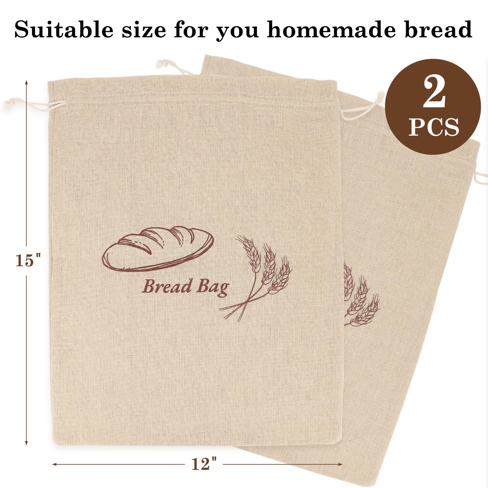 2-Pack Reusable Linen Bread Bags for Homemade Sourdough | Durable Bread Storage with Plastic Liner | Perfect Gift for Home Bakers (12