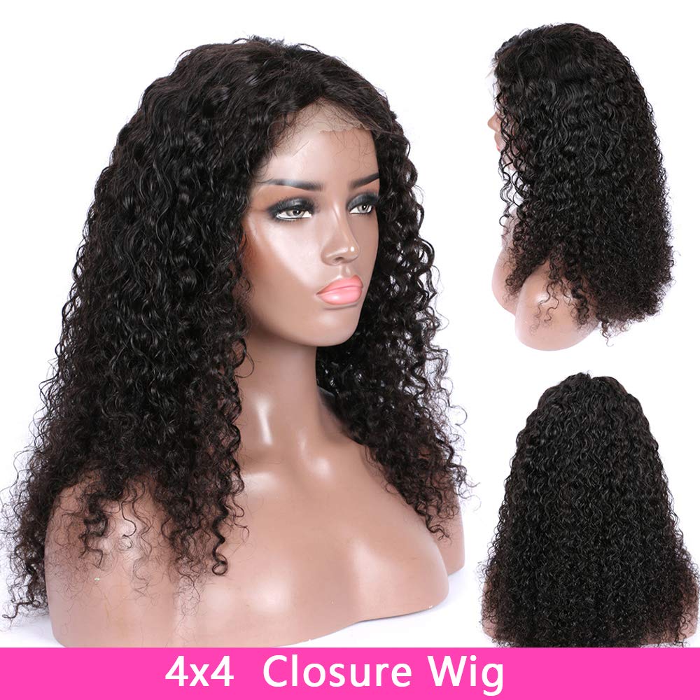 4x4 Curly Human Hair Lace Closure Wigs for Black Women - Pre Plucked Wet & Wavy Lace Front Wig - 20 Inch Natural Color - Perfect for Daily Wear, Parties & Special Occasions
