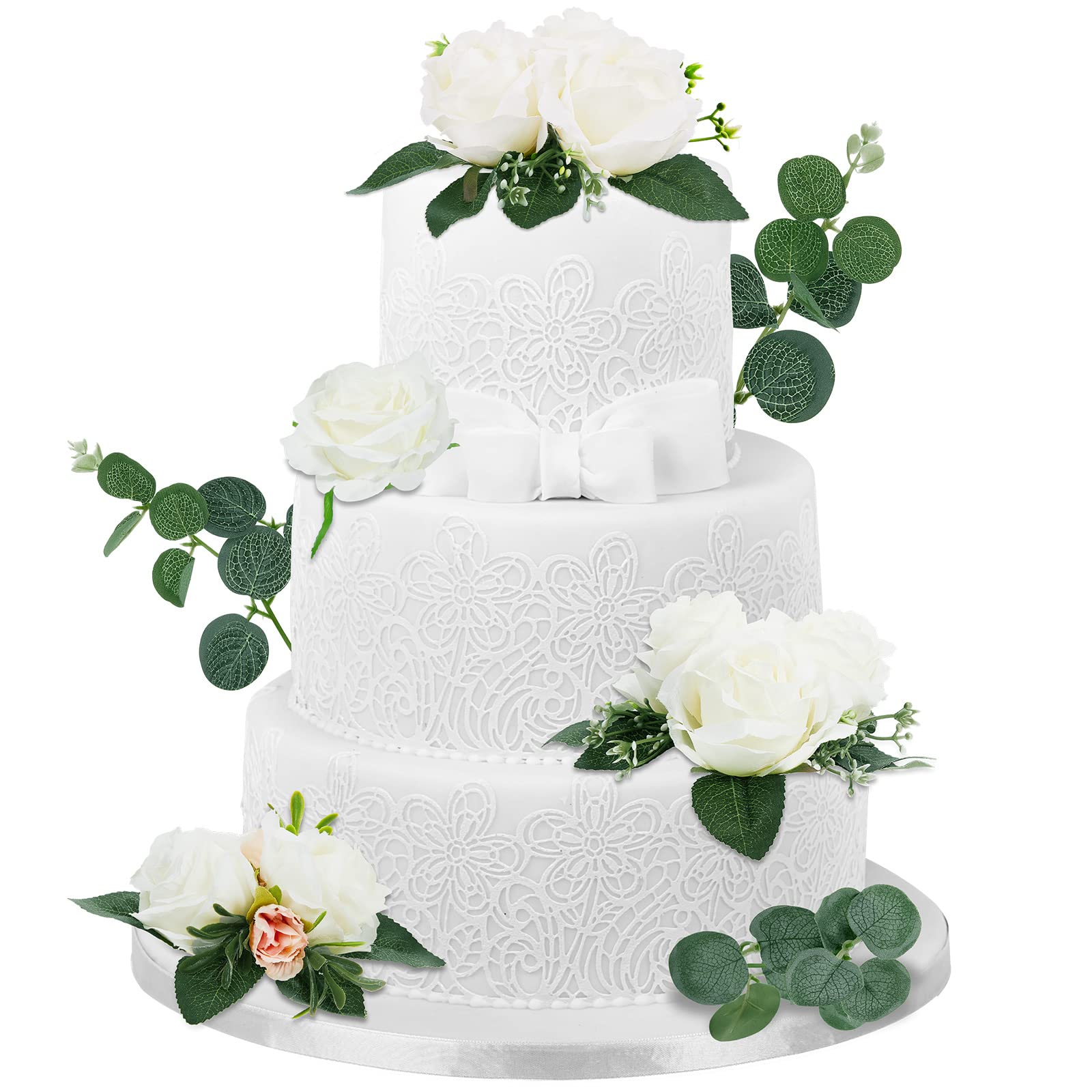 9-Piece Boho Floral Cake Topper Set - Eucalyptus Flower Decorations for Wedding, Birthday & Anniversary Cakes - Elegant White Cake Decor for Women's Parties & Special Events