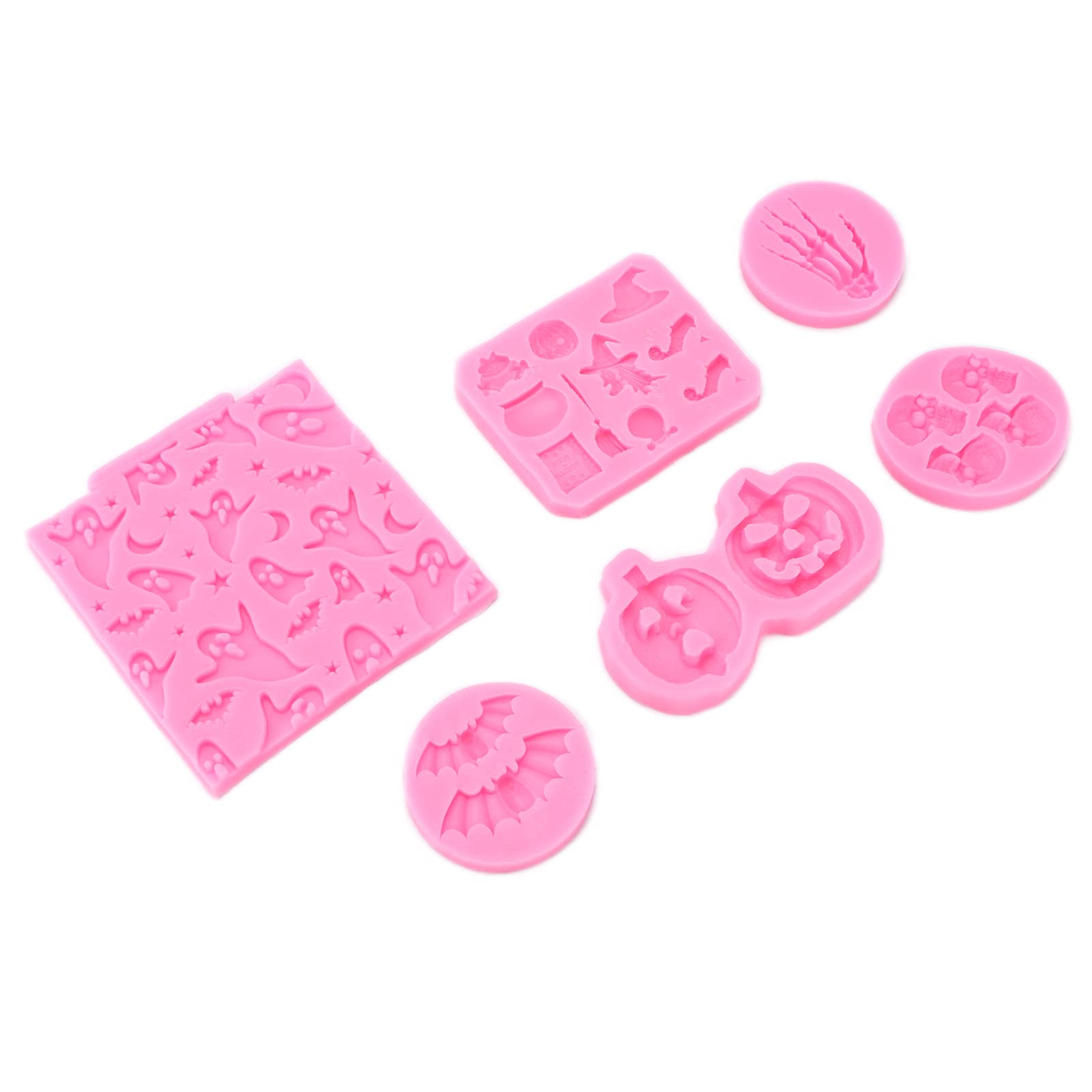 Zyyini 6Pcs Halloween Silicone Baking Molds - Ghost Skeleton Bat Palm Shaped Cake Molds for Cupcakes, Candies, Chocolate - Pink Halloween Party Decor & DIY Baking Supplies for Home Bakeries