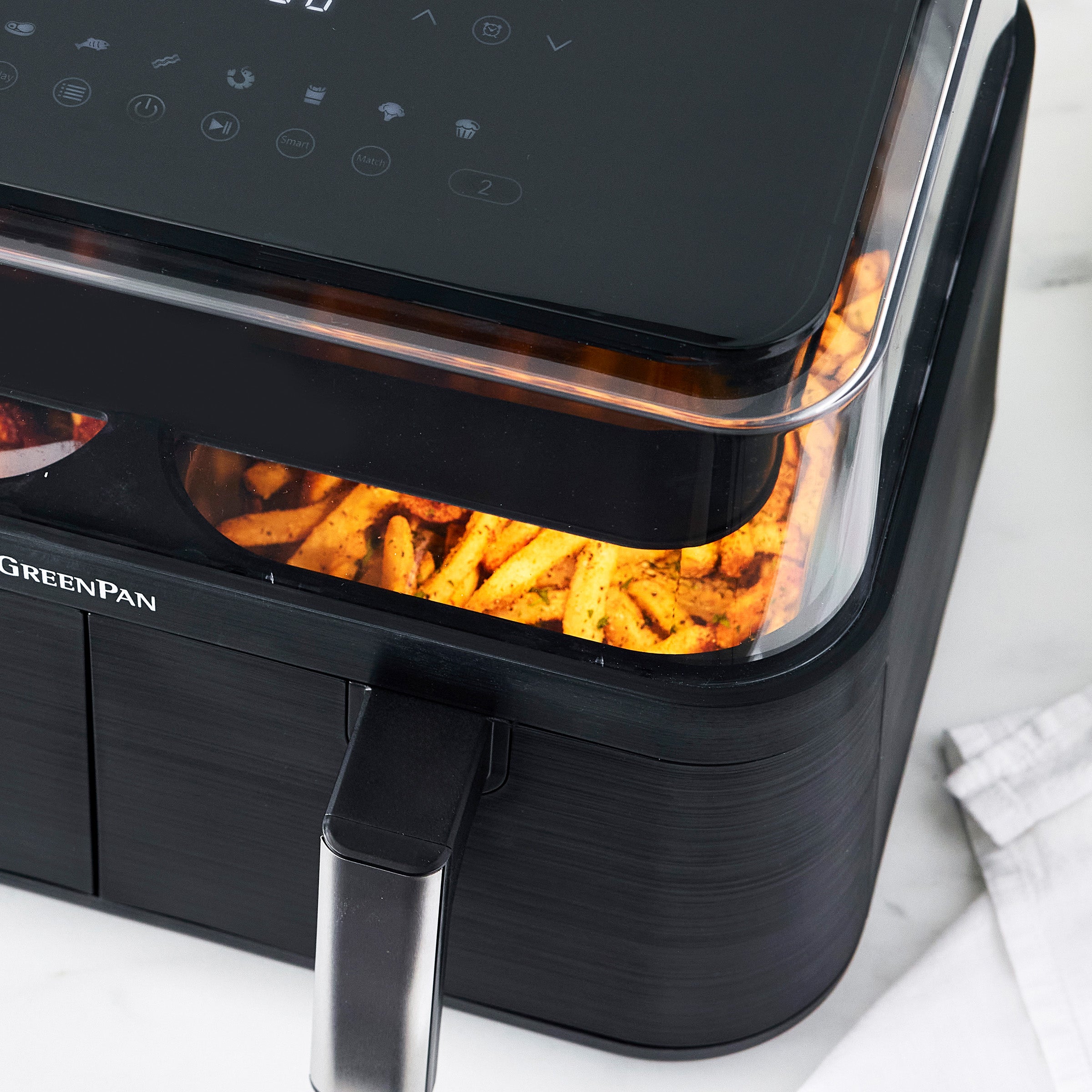 Bistro 10 Quart 360˚ Clear View Double Air Fryer - Large Capacity, Digital Touchscreen, Healthy Cooking for Family Meals, Snacks & Party Foods | Perfect for Roasting, Baking, Grilling & Reheating