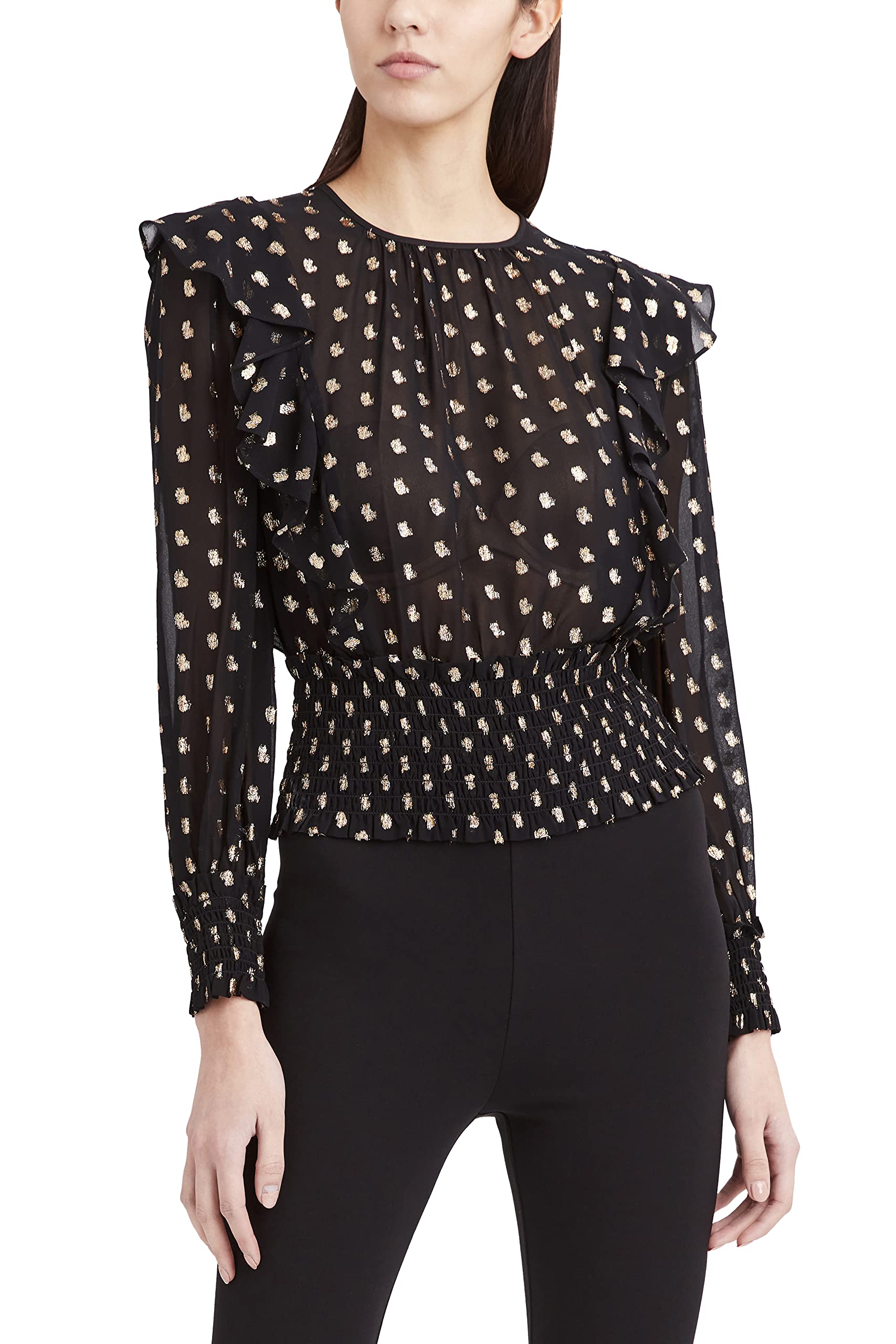BCBGMAXAZRIA Women's Long Sleeve Smocked Waist Blouse - Elegant Casual Tops for Work, Date Night & Everyday Wear