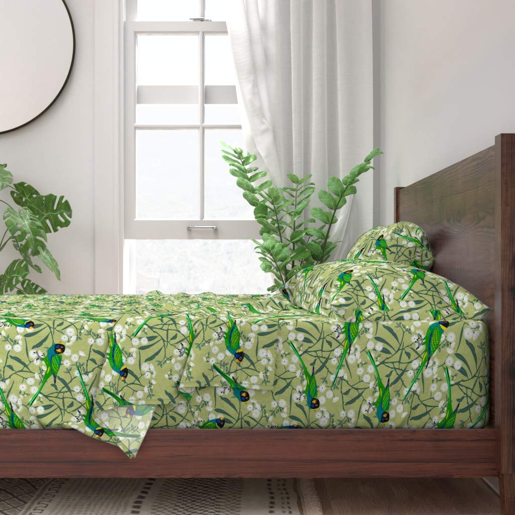 100% Cotton Twin Sheet Set 3pc - Exotic Ringneck Birds & Tropical Jungle Trees Green Floral Australian Print Custom Bedding | Soft Breathable Bed Sheets for Guest Room, Dorm & Vacation Home