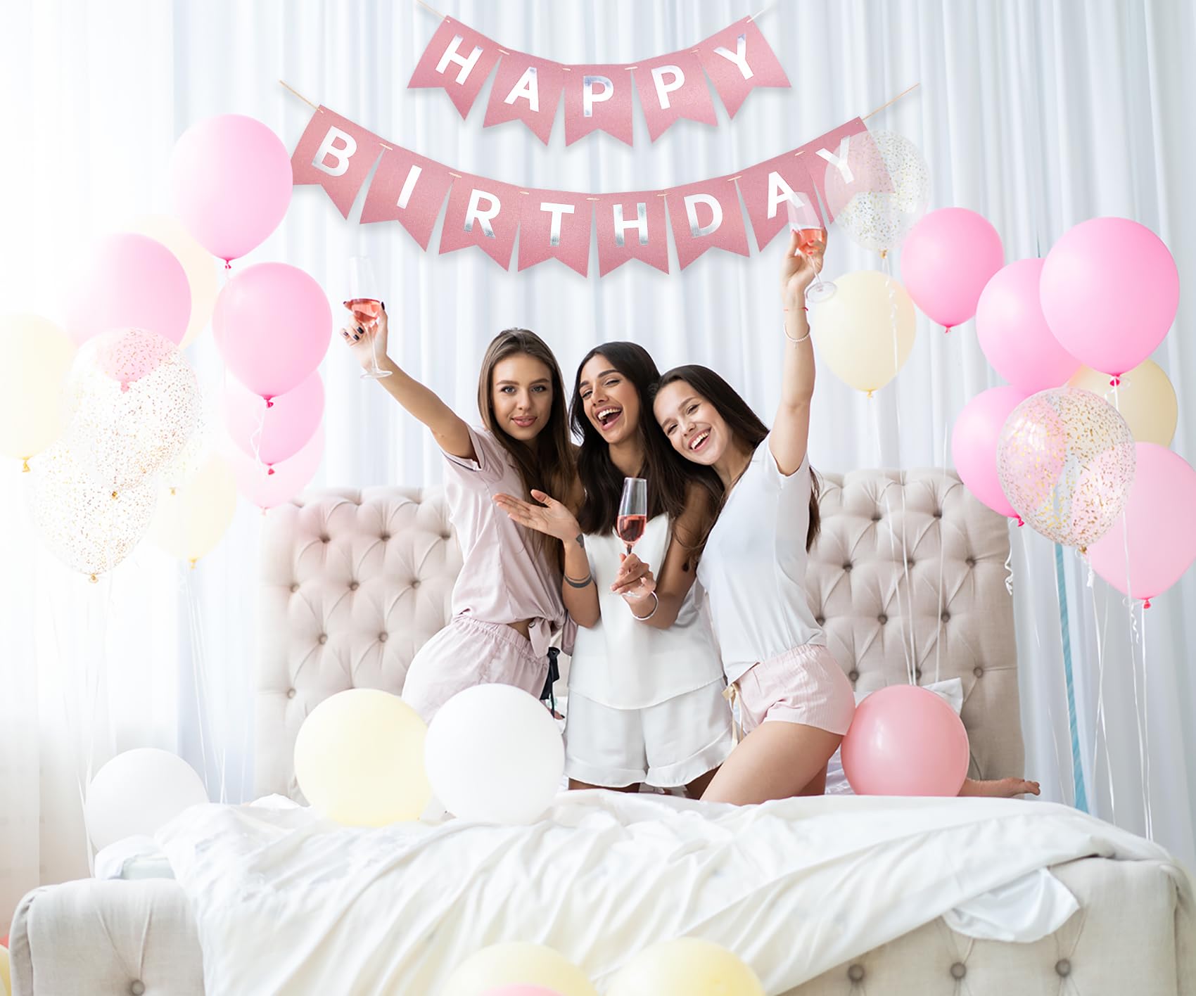 Rose Gold Happy Birthday Banner (Pre-Strung) - Shiny Birthday Party Decorations for Women, Girls & Kids - Perfect for Birthday Parties, Baby Showers & Anniversary Celebrations