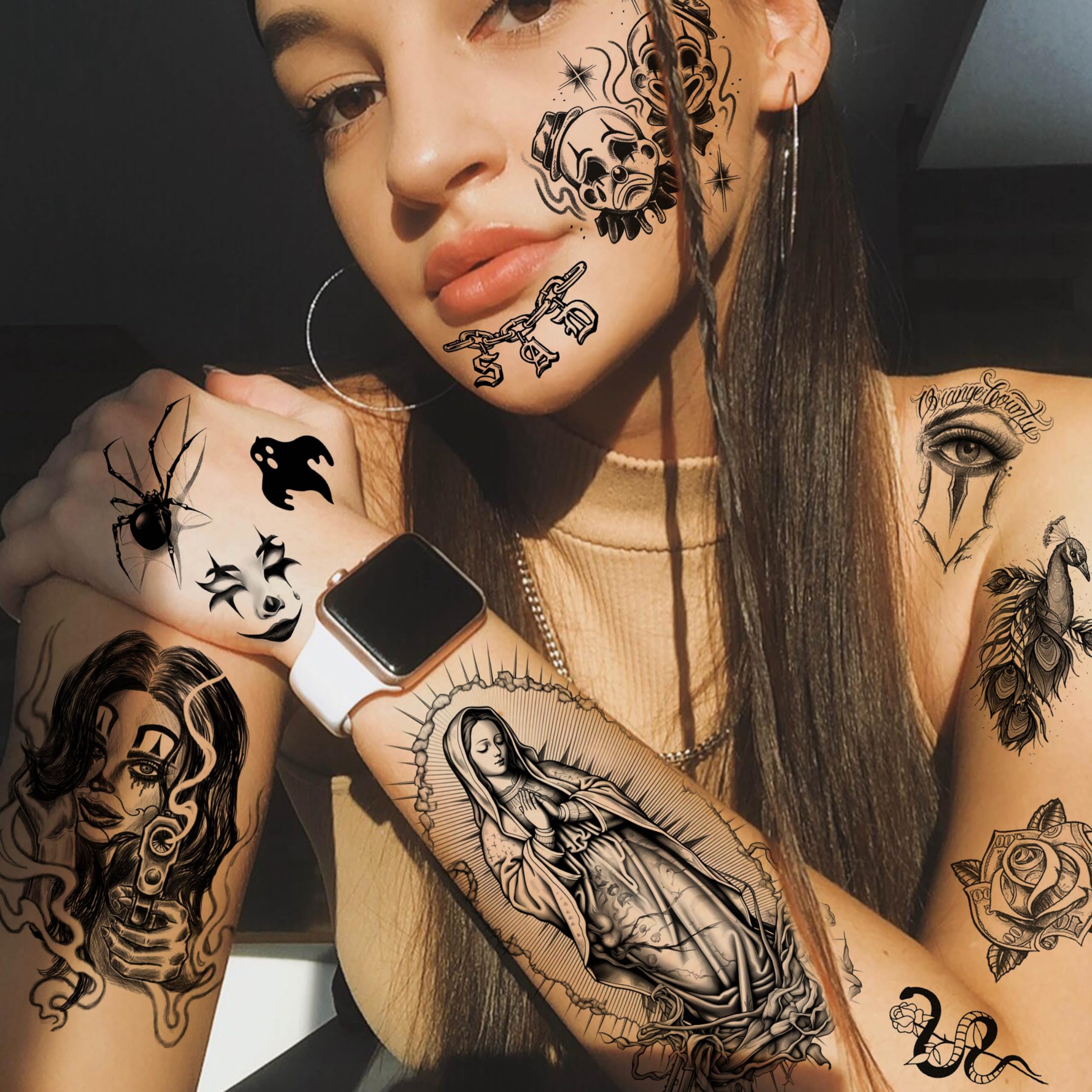 6 Sheets Chicano Temporary Tattoos for Women & Men - Black Guadalupe Fake Tattoo Stickers - Halloween Face Makeup Kit - Gangster Payasa Prison Familia Joker Design - Perfect for Halloween Costumes, Parties, and Themed Events