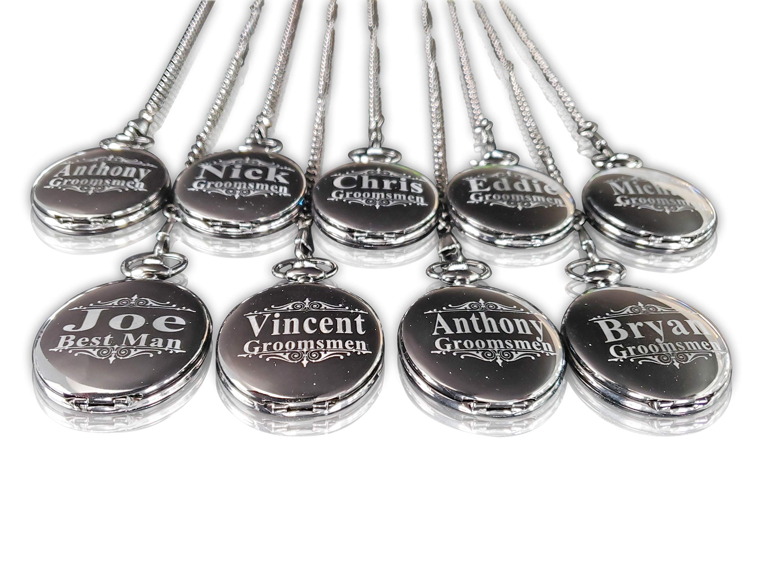 9 Custom Engraved Pocket Watches with Gift Box & Buckle Chain - Battery Included, Assorted Colors (Set of 9) | Vintage Timepiece for Weddings, Graduation Gifts & Collector's Items