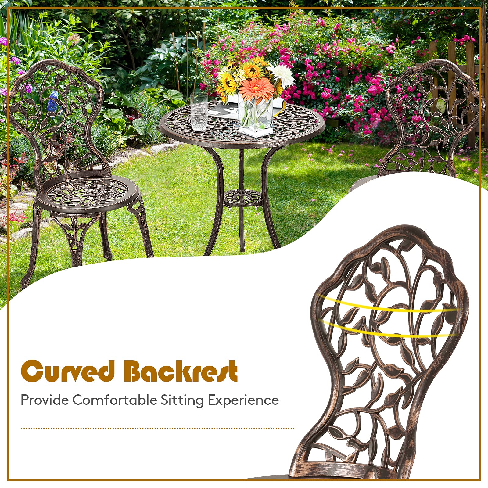 Tangkula 3-Piece Outdoor Bistro Set - Rust-Resistant Cast Aluminum Patio Furniture with Table & Chairs for Balcony, Backyard, Garden & Poolside - Perfect for Outdoor Dining, Lounging and Entertaining