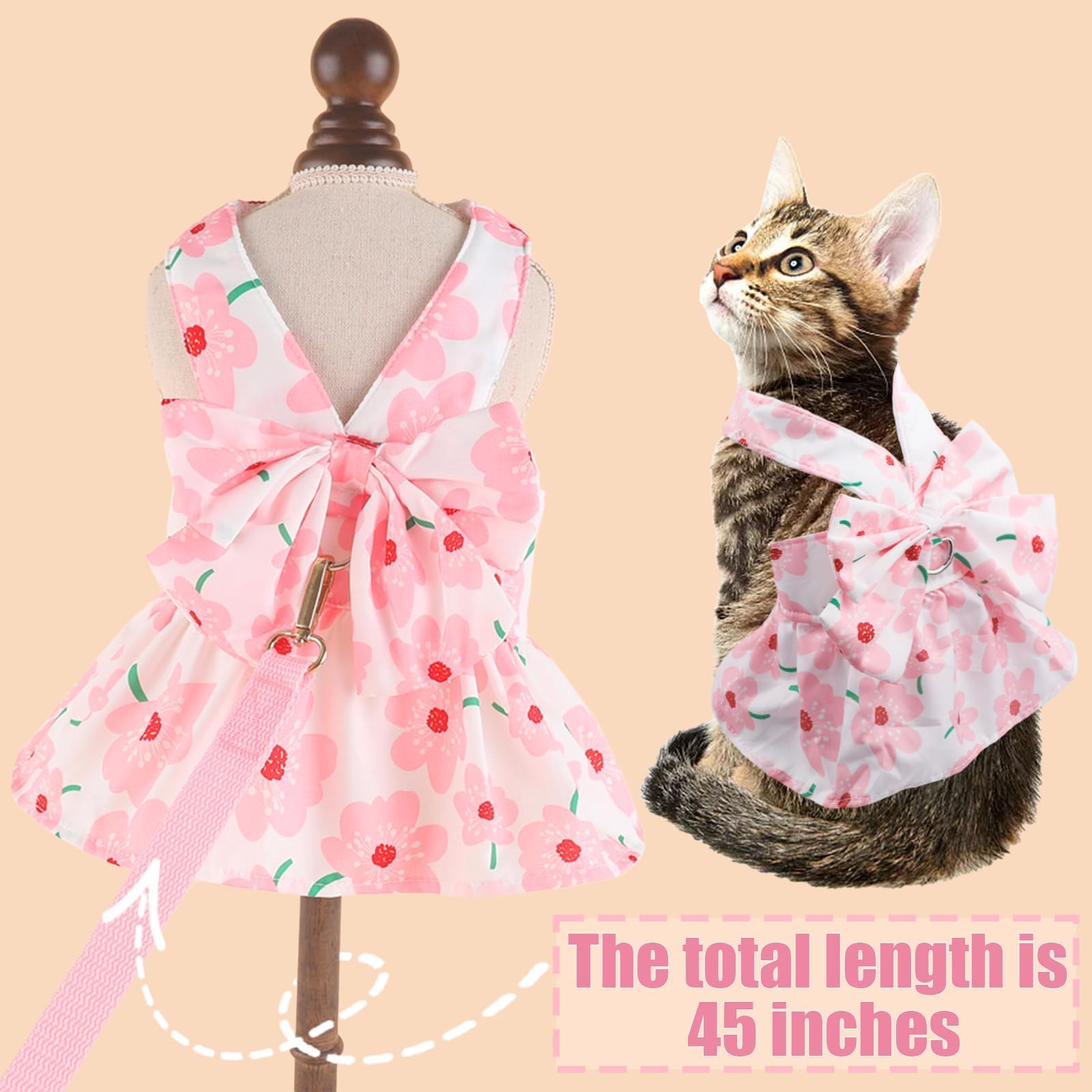 Pink Floral Dog Dress with Bowknot Harness & Leash Set - Cute Puppy Outfits for Small Girl Dogs | Breathable Spring Summer Pet Clothes | Perfect for Daily Walks, Pet Parties & Photo Shoots (Small)
