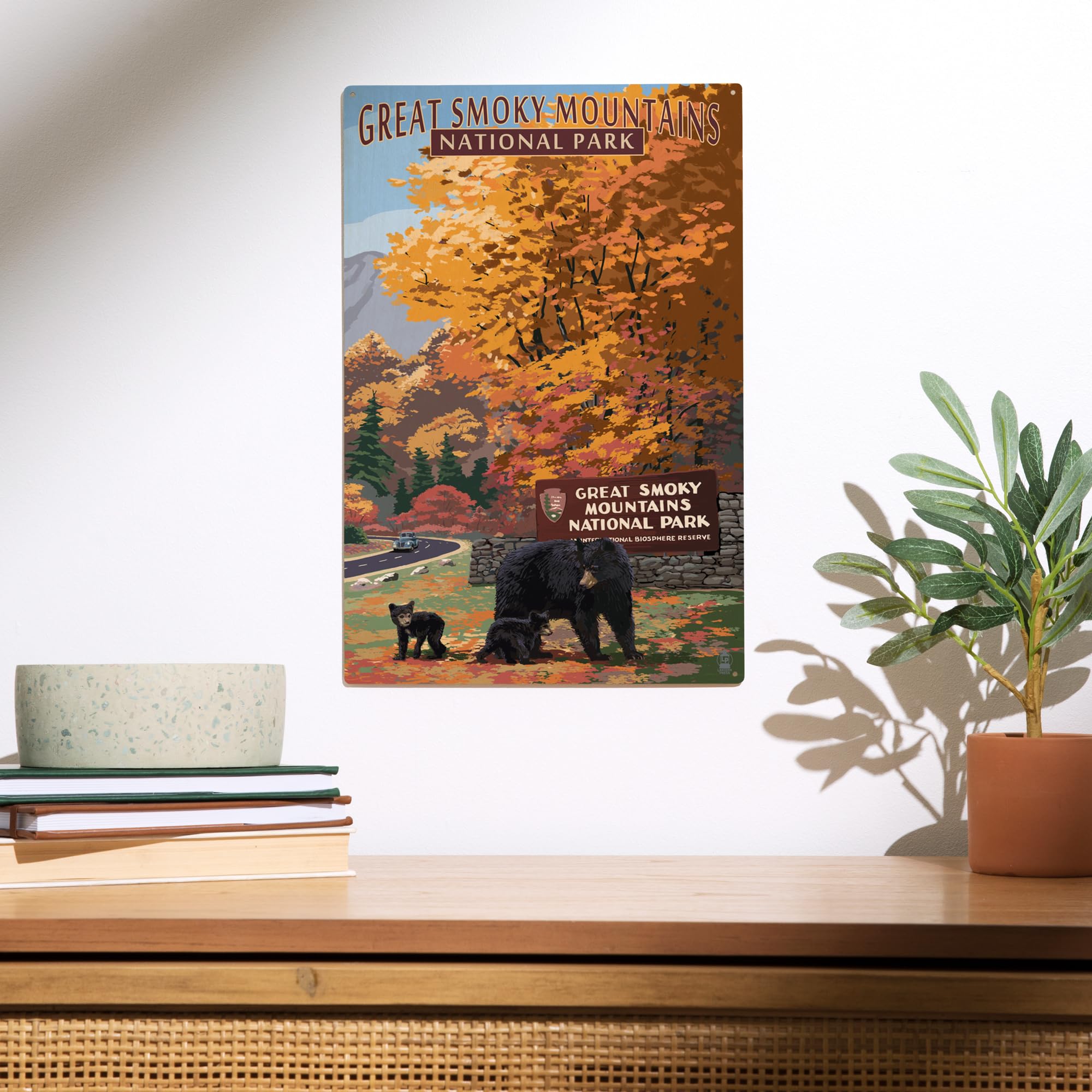 Lantern Press 10x15 Inch Wood Wall Sign - Ready to Hang Smoky Mountains National Park Decor with Bear Family Design - Perfect for Cabin, Living Room, or Outdoor Patio Decor